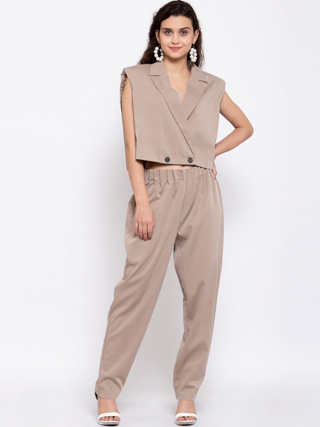 

iki chic Women Notched Lapel Sleeveless Cropped Blazer & Trousers, Brown