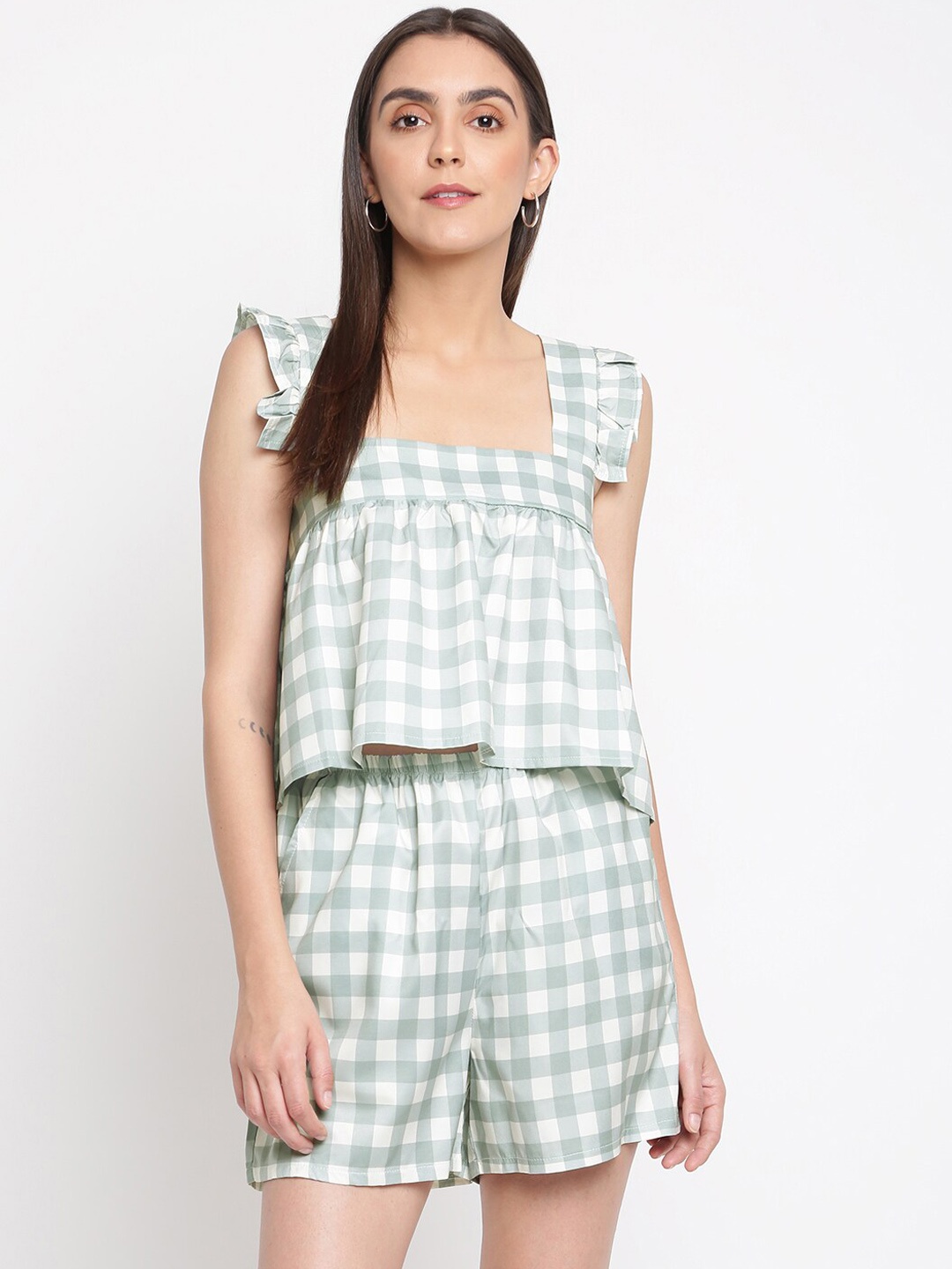 

iki chic Women Checked Square Neck Crop Top With Shorts, White