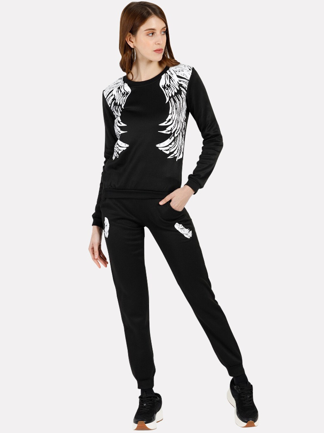 

iki chic Women Printed Pure Cotton Sweatshirt With Joggers, Black