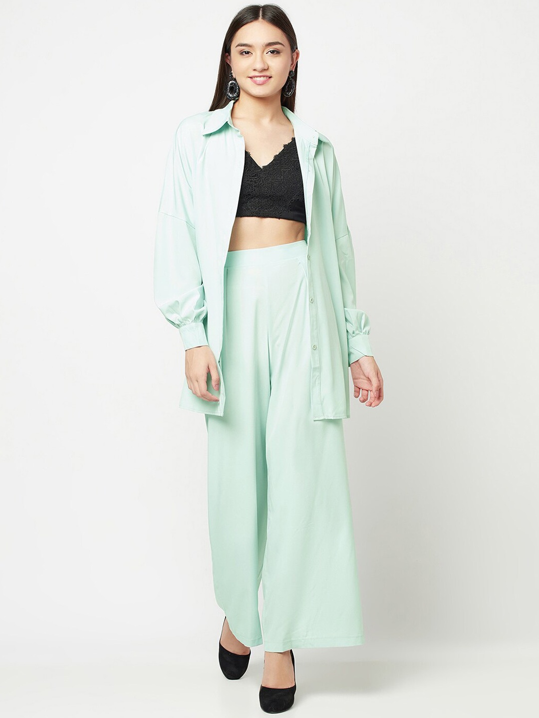 

iki chic Women Cuffed Sleeves Longline Shirt With Palazzo, Green