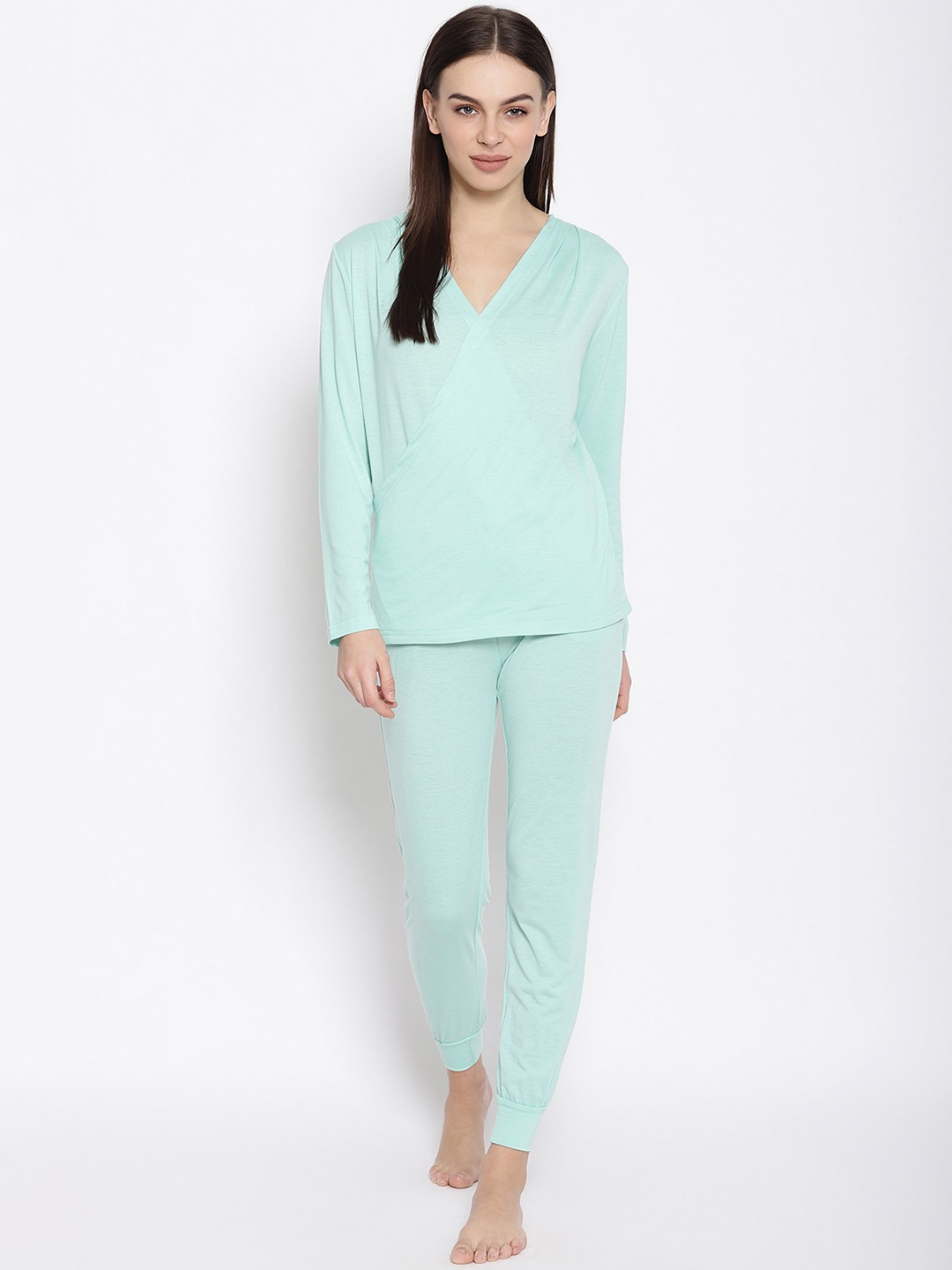 

iki chic Women V-Neck Wrap Top with Joggers Night suits, Sea green