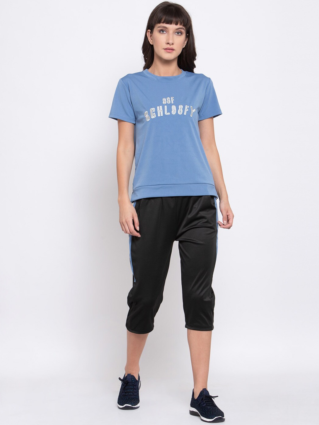

iki chic Women Embroidered Round Neck Sports T-Shirt with Capris Co-Ord Set, Blue