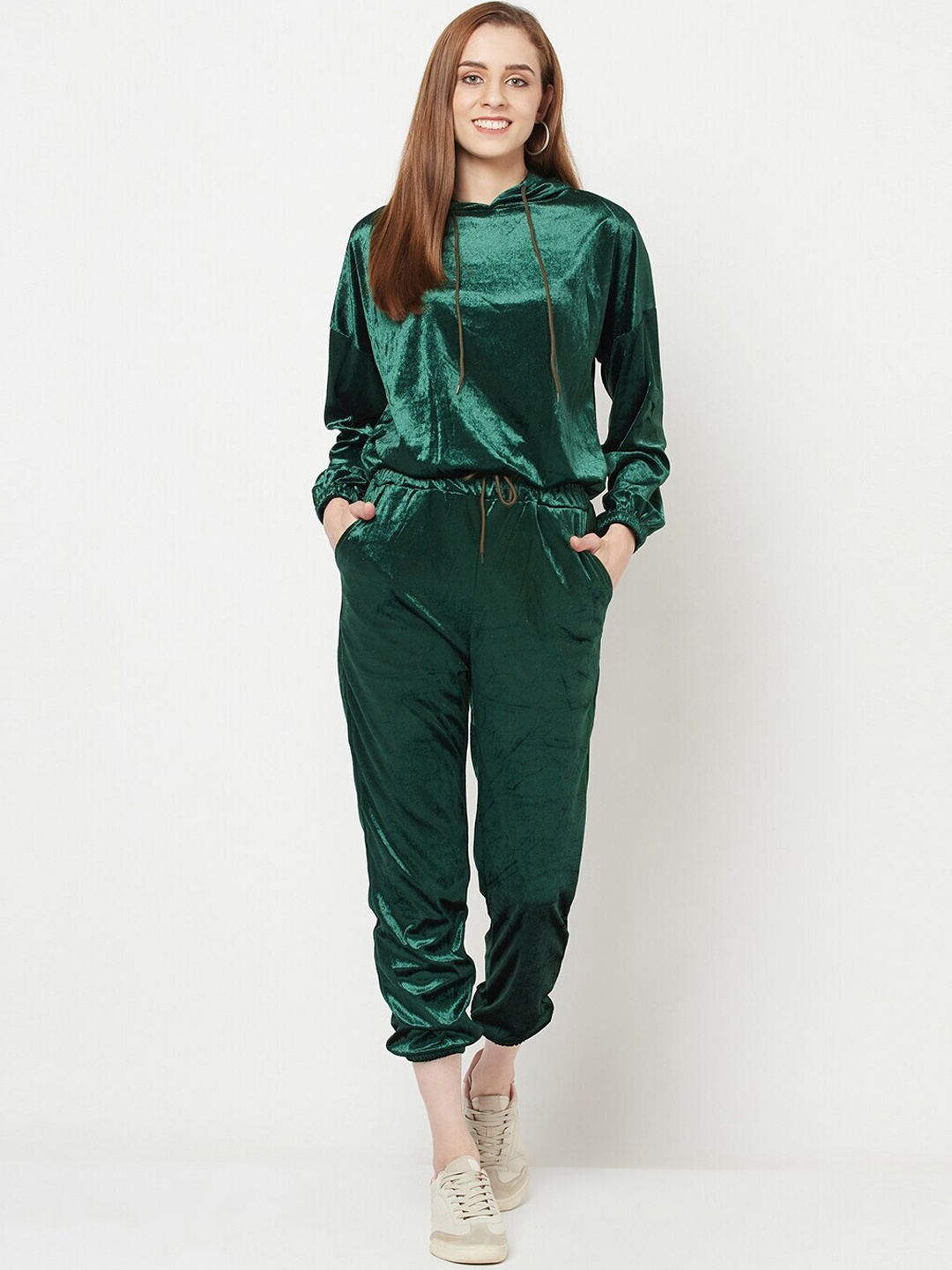 

iki chic Women Hooded Velvet Sweatshirt and Joggers Co-Ord Set, Green