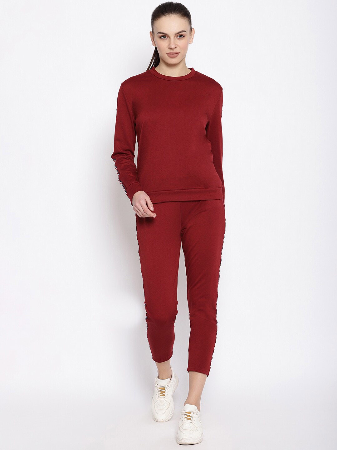 

iki chic Round Neck Long Sleeves Mid-Rise Co-Ords, Maroon