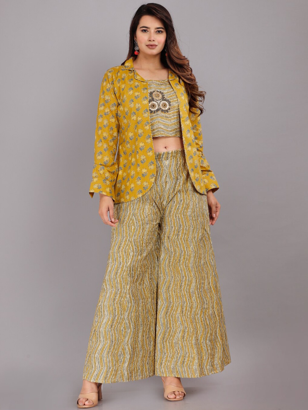 

KALINI Women Printed Pure Cotton Crop Top With Palazzo & Jacket, Mustard