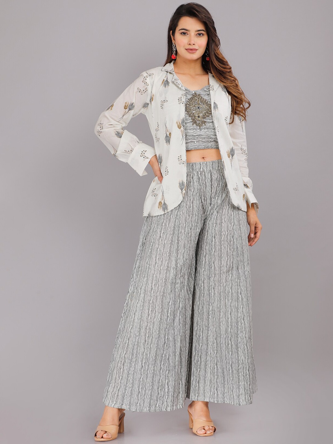 KALINI Printed Pure Cotton Crop Top With Palazzo & Jacket, Grey