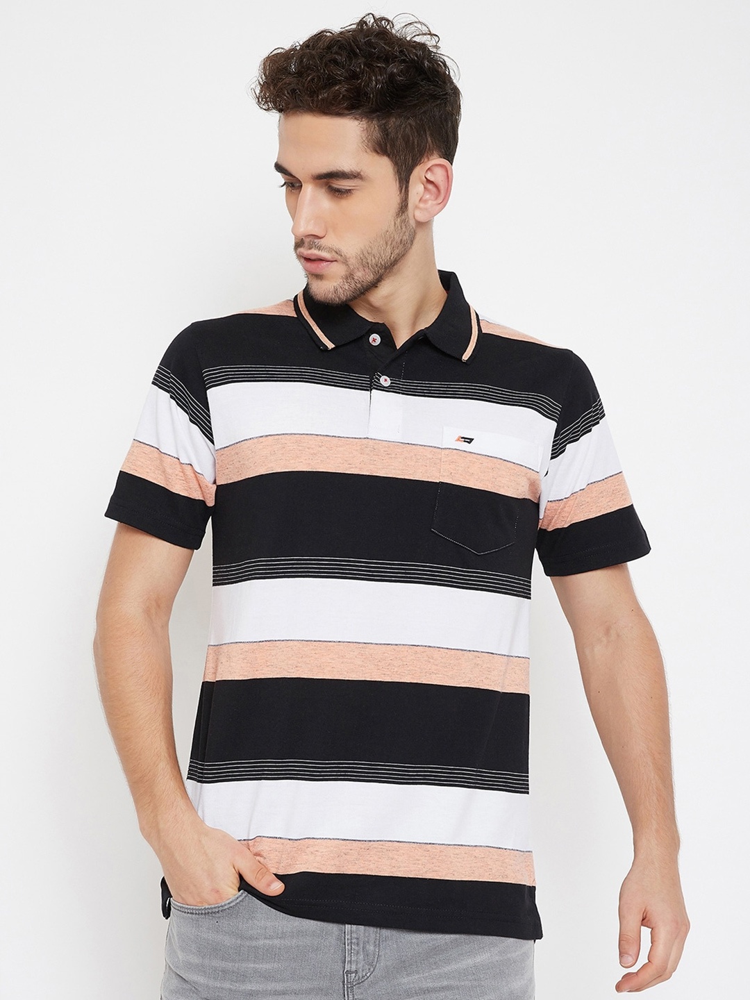 

NEVA Striped Polo Collar Short Sleeve T-shirt, Black
