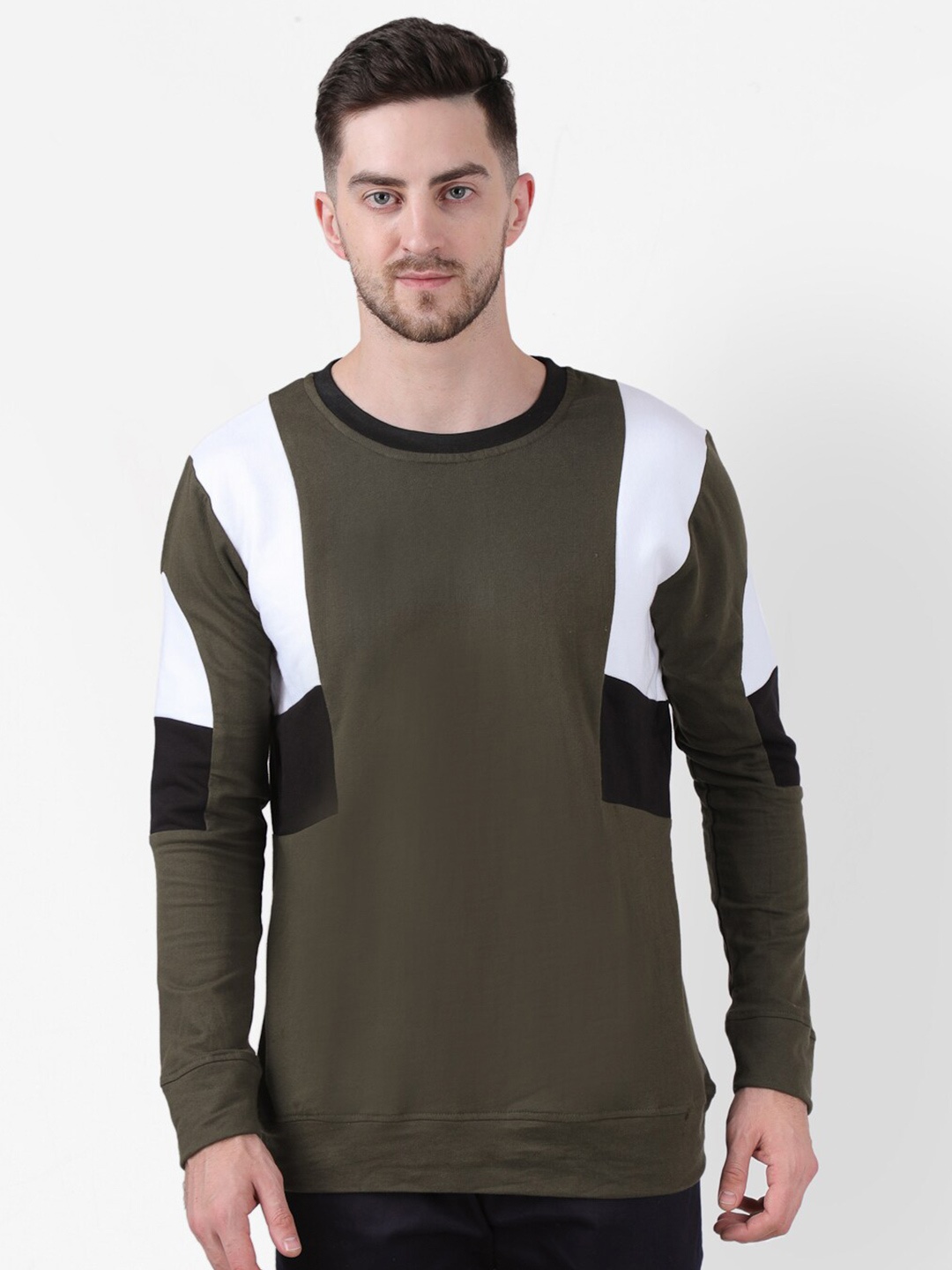 

PAUSE SPORT Men ROund Neck Colourblocked Fleece Sweatshirt, Olive