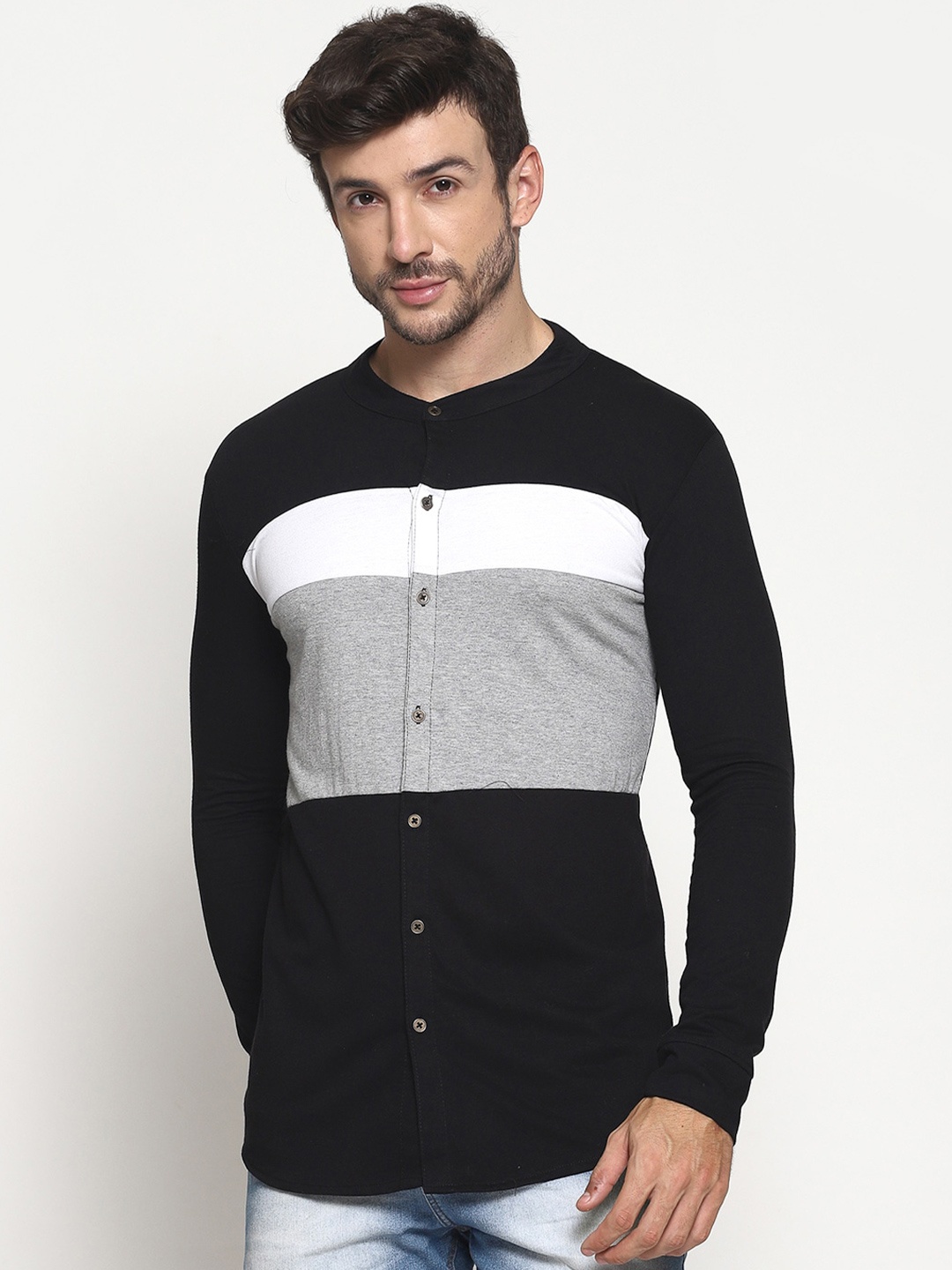 

PAUSE SPORT Men Band Collar Casual Fleece Shirts, Black