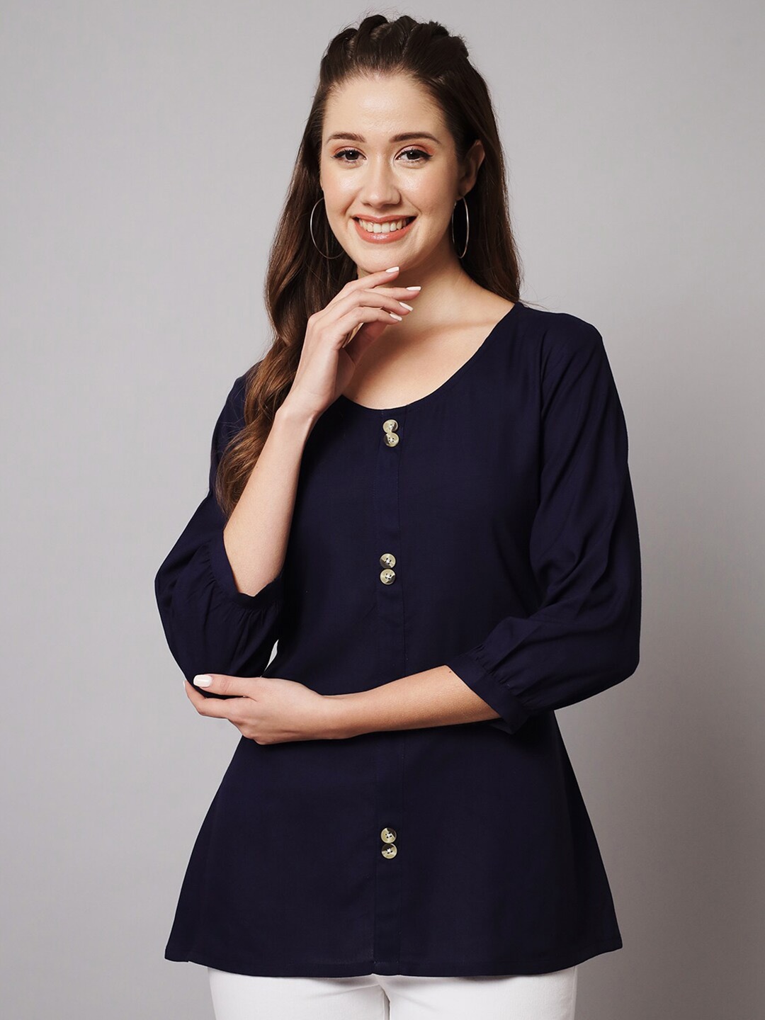 

Meeranshi Round Neck Cuffed sleeves Top, Navy blue