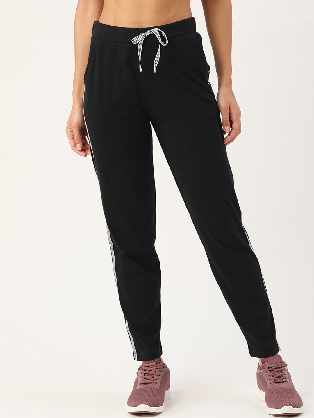 

FEMEA Women Solid With Side Tape Cotton Straight-Fit Track Pants, Black