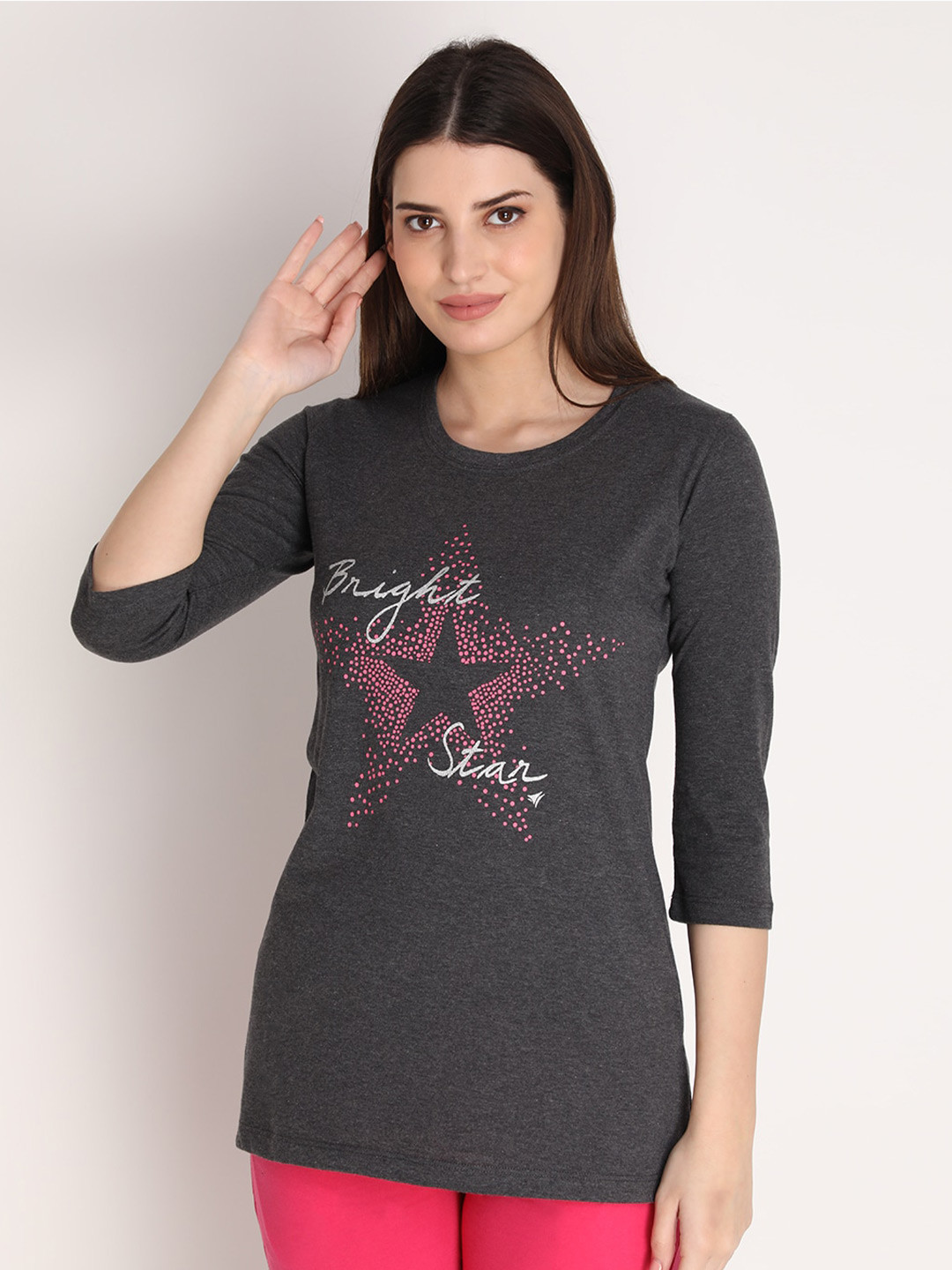 

NEVA Round Neck Three-Quarter Sleeves Typography Printed T-shirt, Black