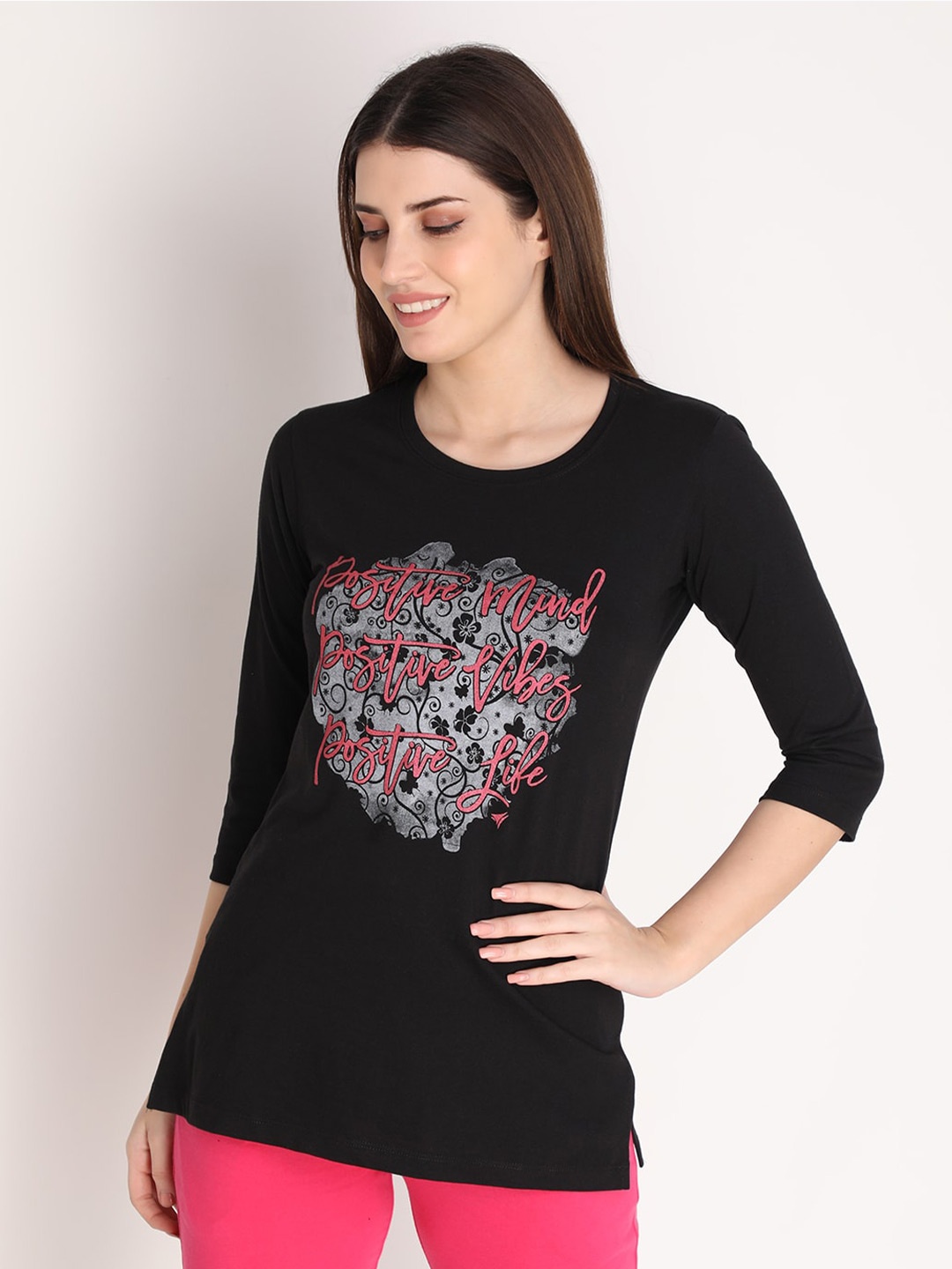 

NEVA Round Neck Three-Quarter Sleeves Graphic Printed T-shirt, Black