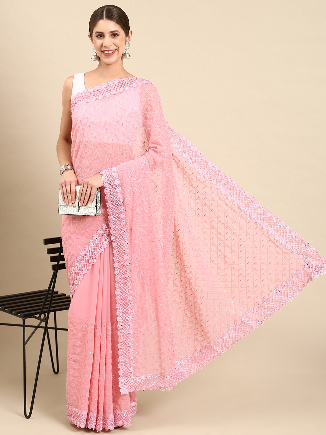 

Pothys Pink Checked Sequinned Pure Georgette Saree