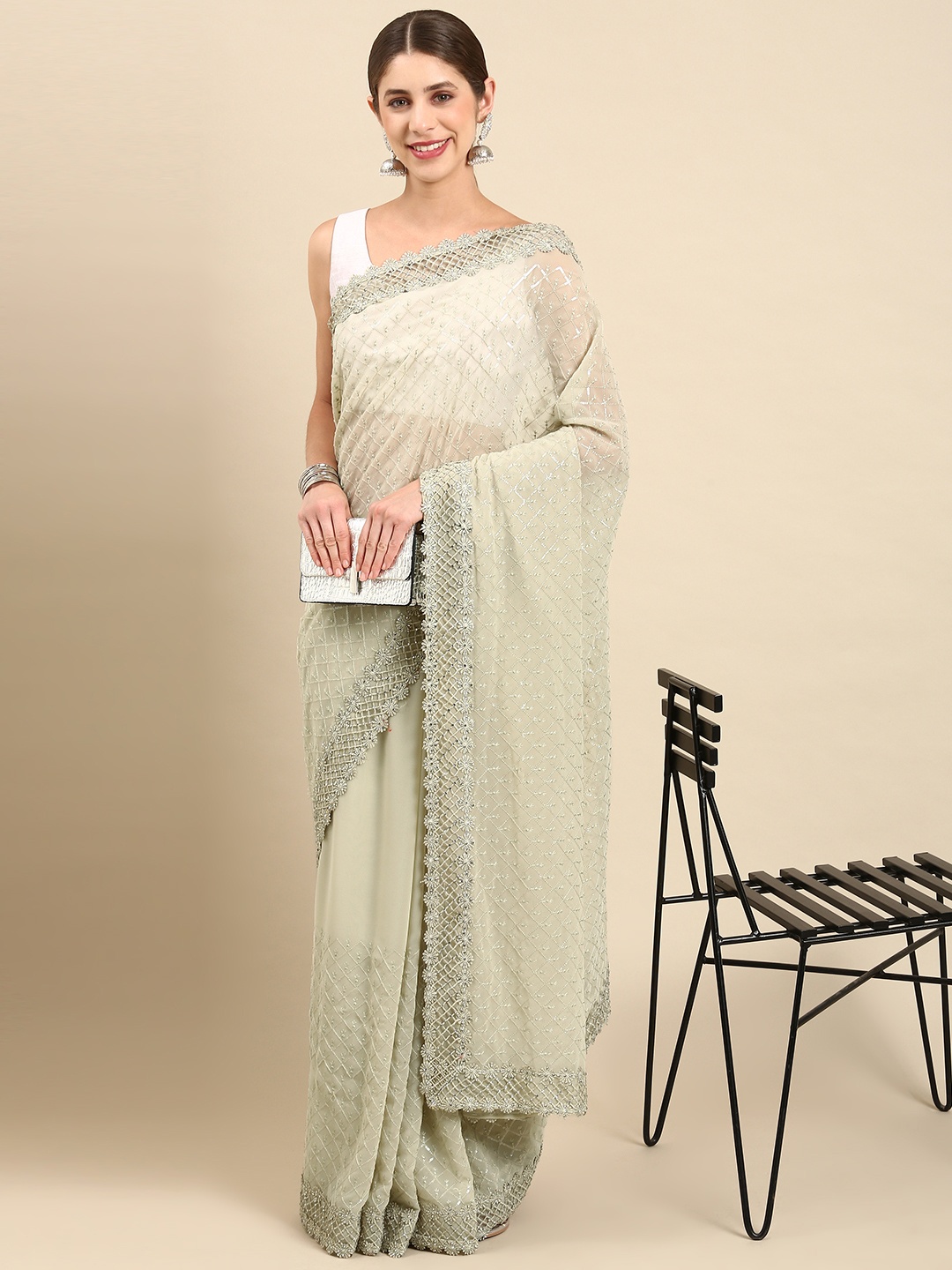 

Pothys Checked Sequinned Pure Georgette Saree, Champagne