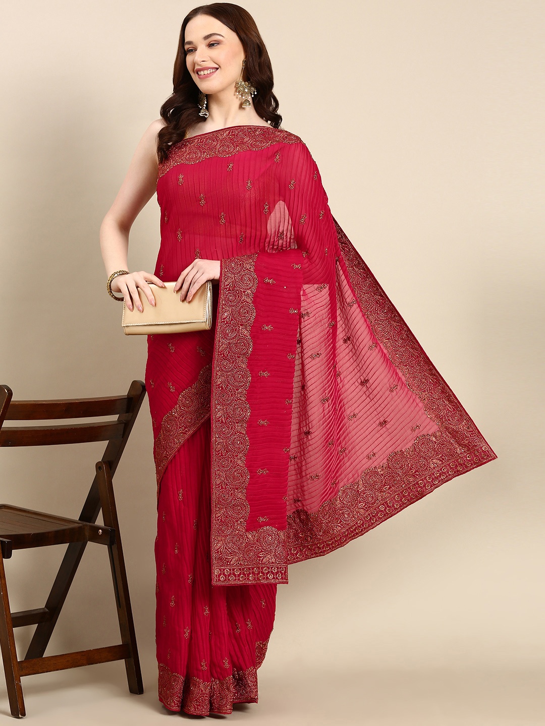 

Pothys Embroidered Ethnic Motifs Zari Pure Georgette Saree, Pink