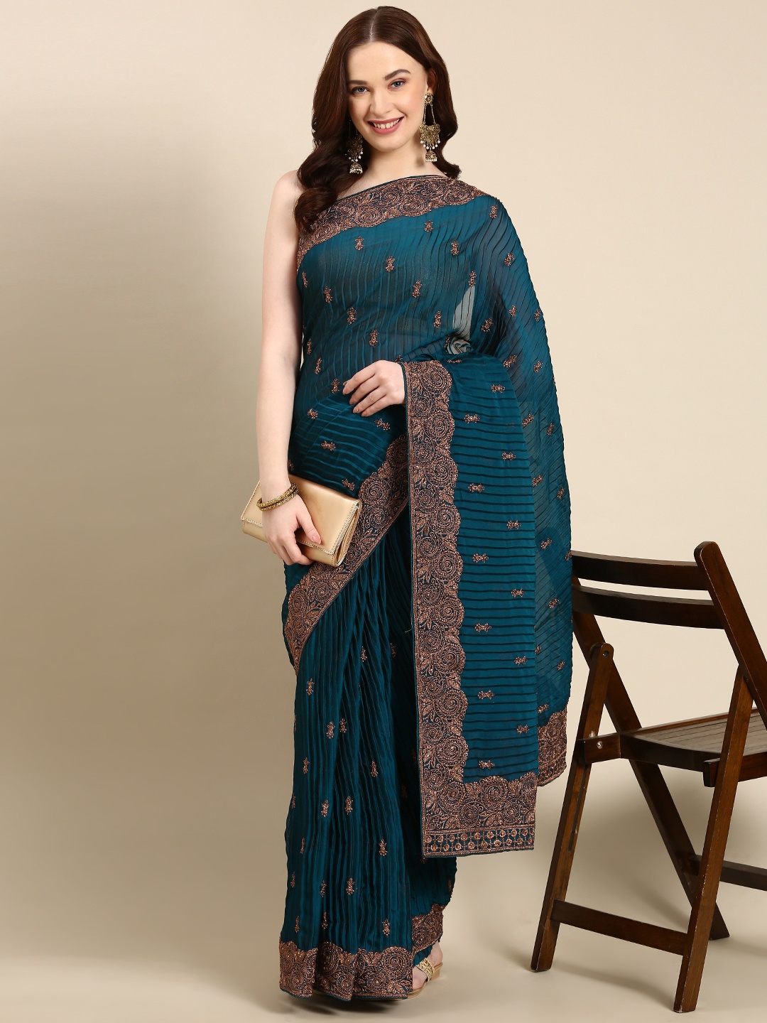 

Pothys Embroidered Ethnic Motifs Zari Pure Georgette Saree, Blue
