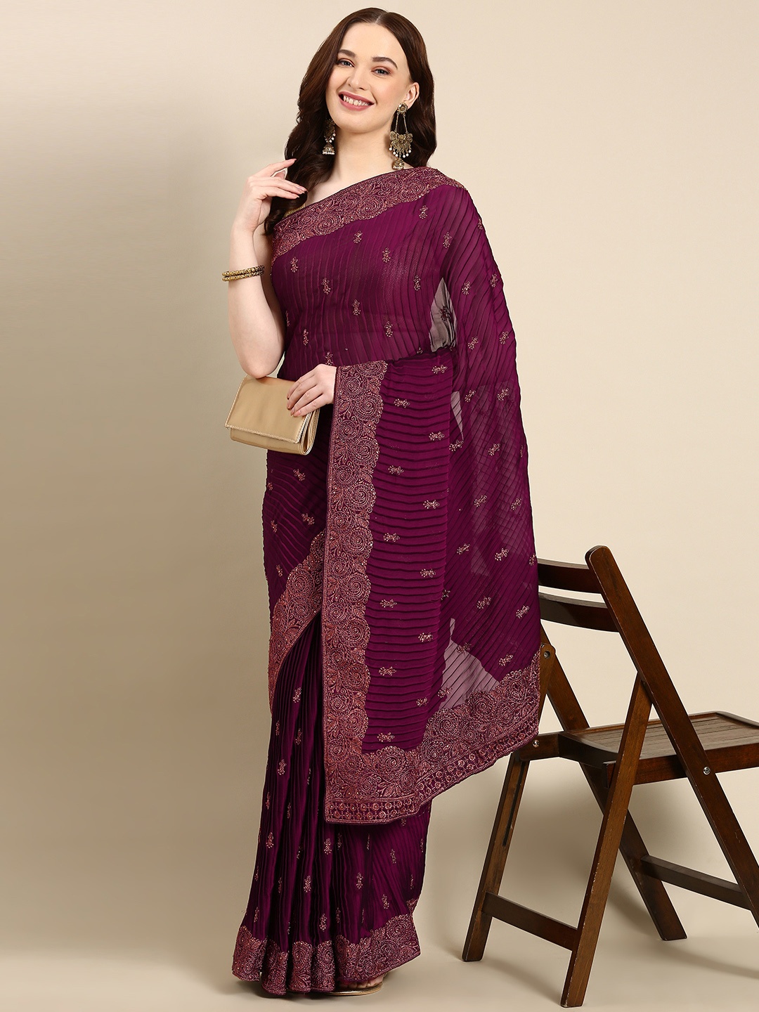 

Pothys Embroidered Ethnic Motifs Zari Pure Georgette Saree, Magenta