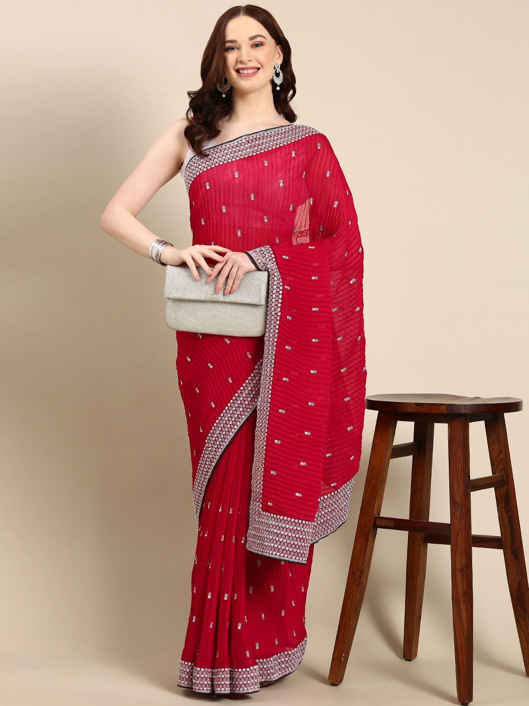 

Pothys Embroidered Ethnic Motifs Zari Pure Georgette Saree, Pink