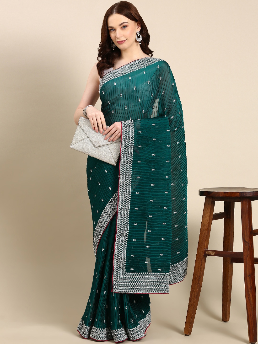 

Pothys Embroidered Ethnic Motifs Zari Pure Georgette Saree, Green