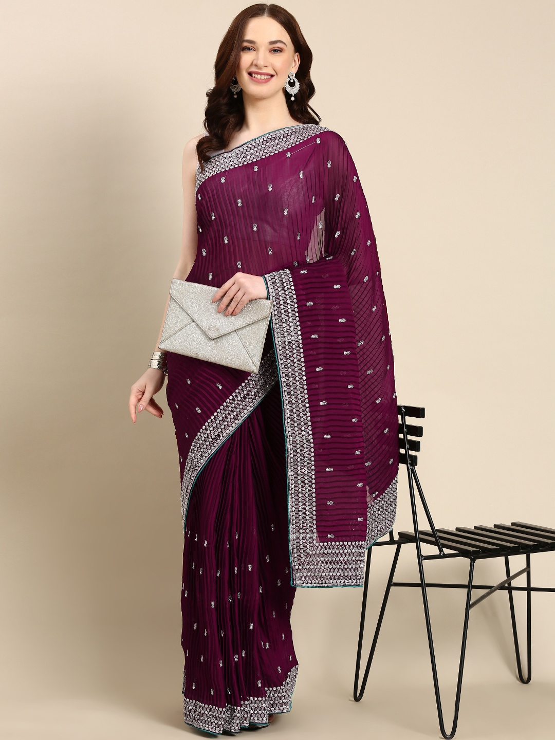 

Pothys Embroidered Ethnic Motifs Zari Pure Georgette Saree, Magenta