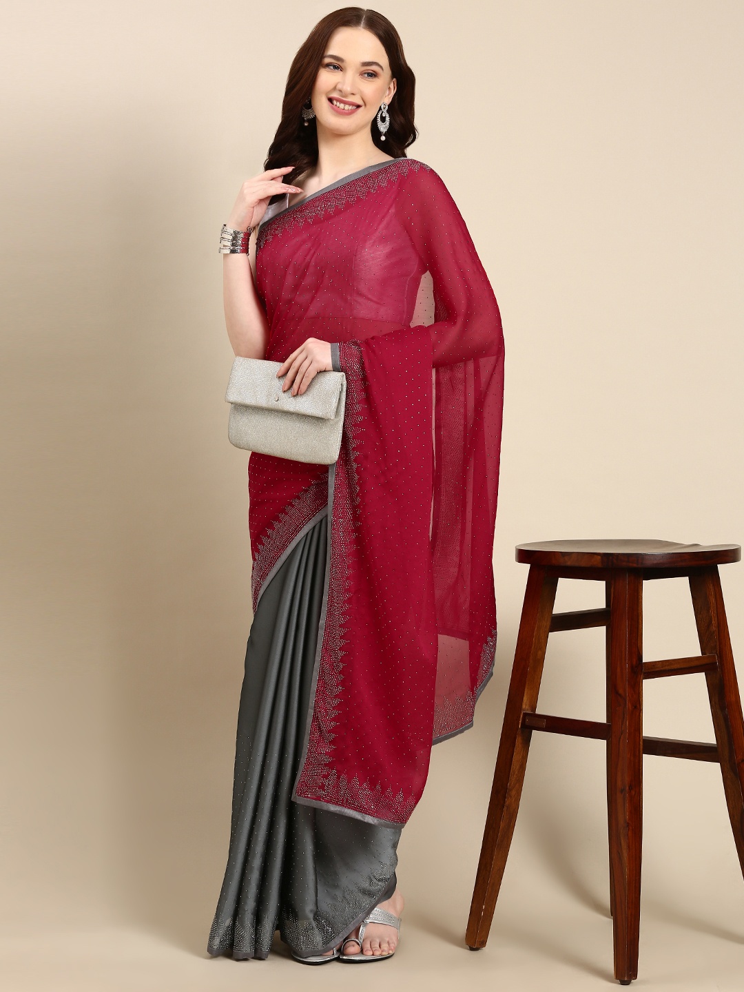 

Pothys Embellished Sequinned Pure Georgette Half and Half Saree, Red