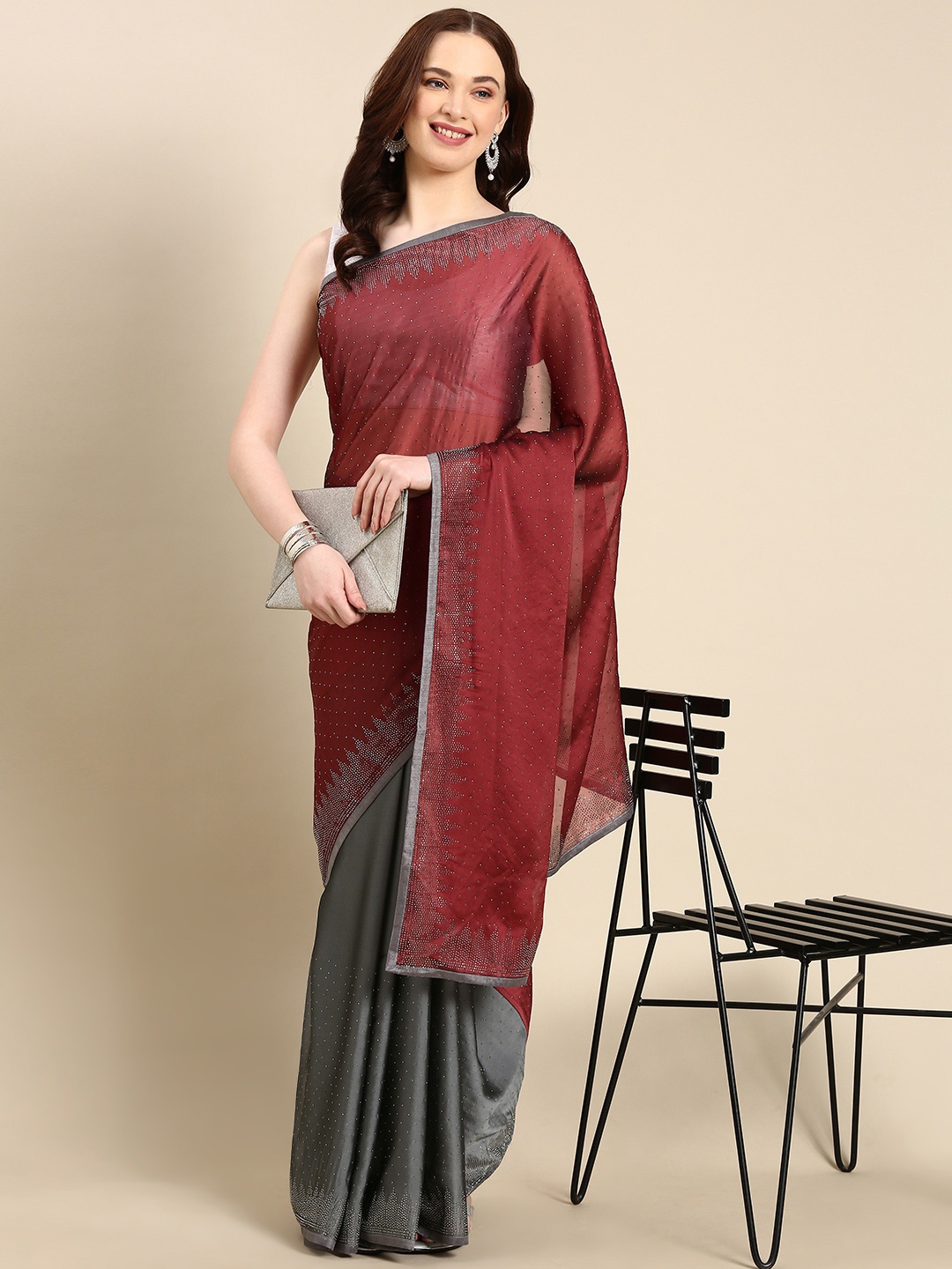 

Pothys Embellished Beads & Stones Pure Georgette Half & Half Saree, Rust