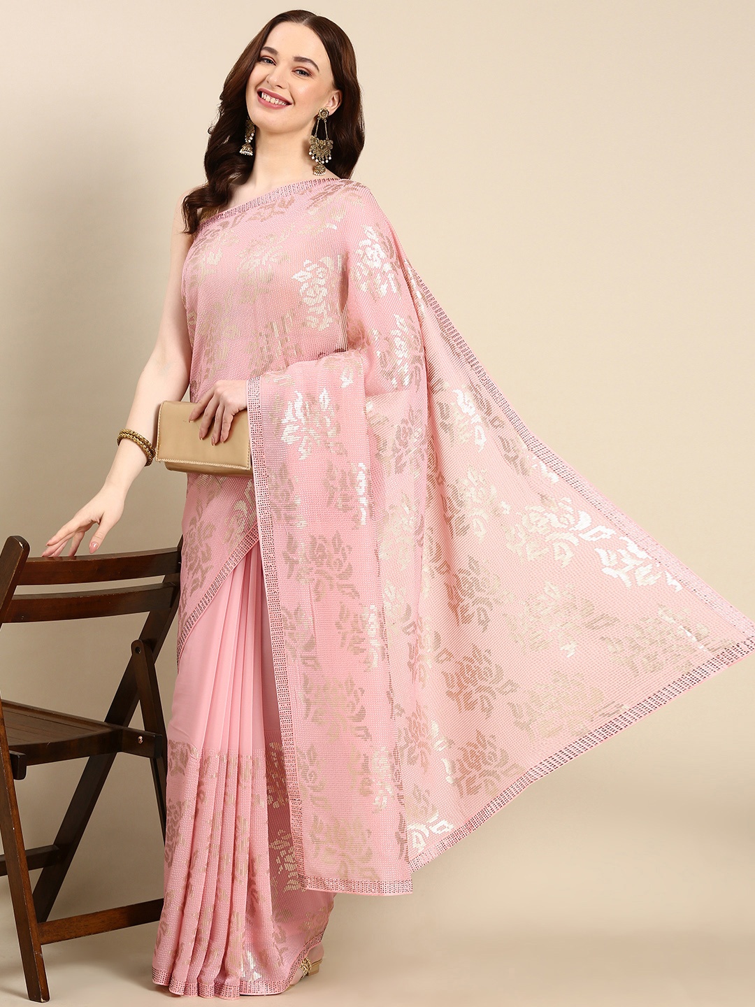 

Pothys Embellished Sequinned Pure Georgette Saree, Pink