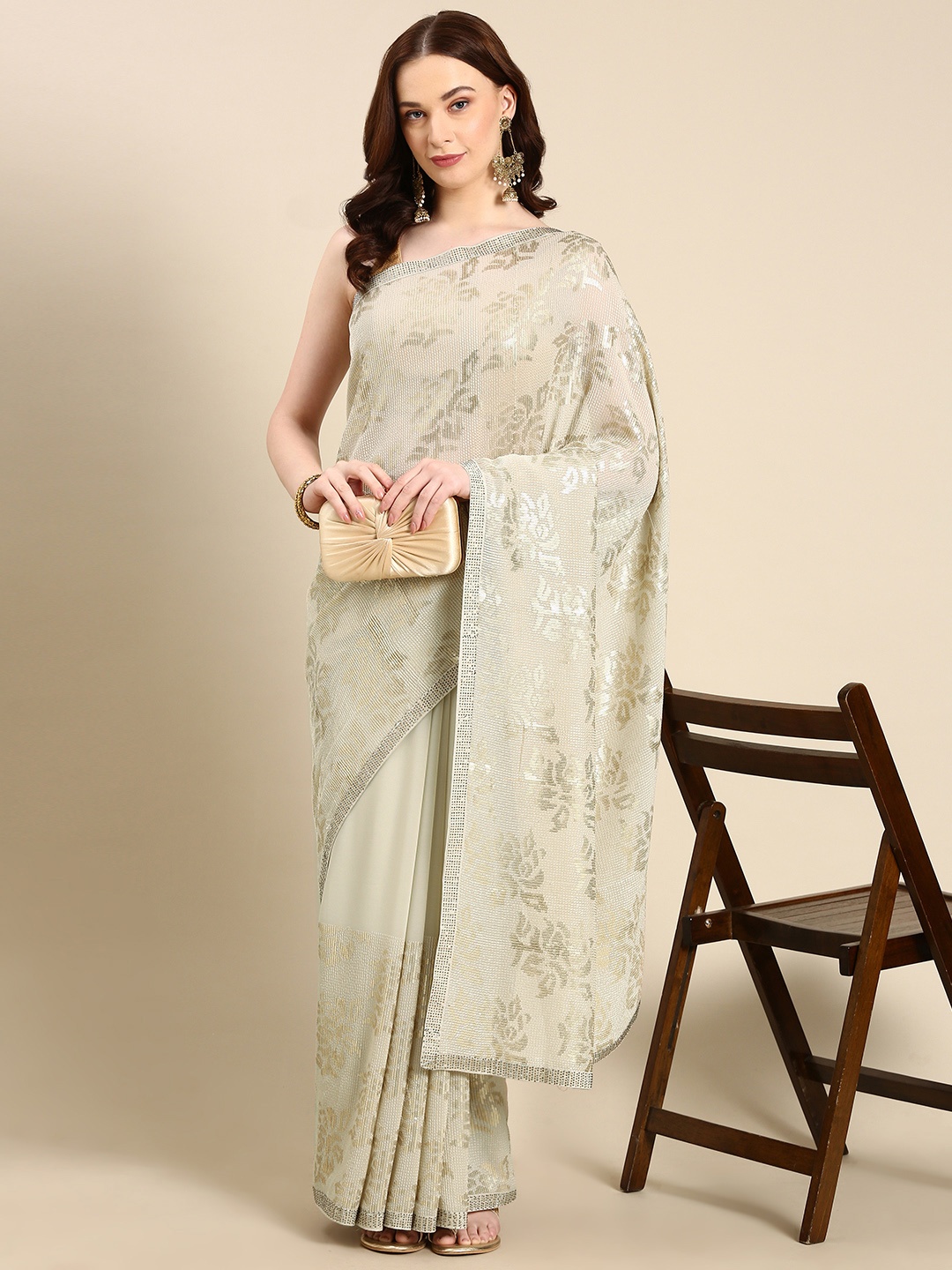 

Pothys Embellished Sequinned Pure Georgette Saree, Taupe