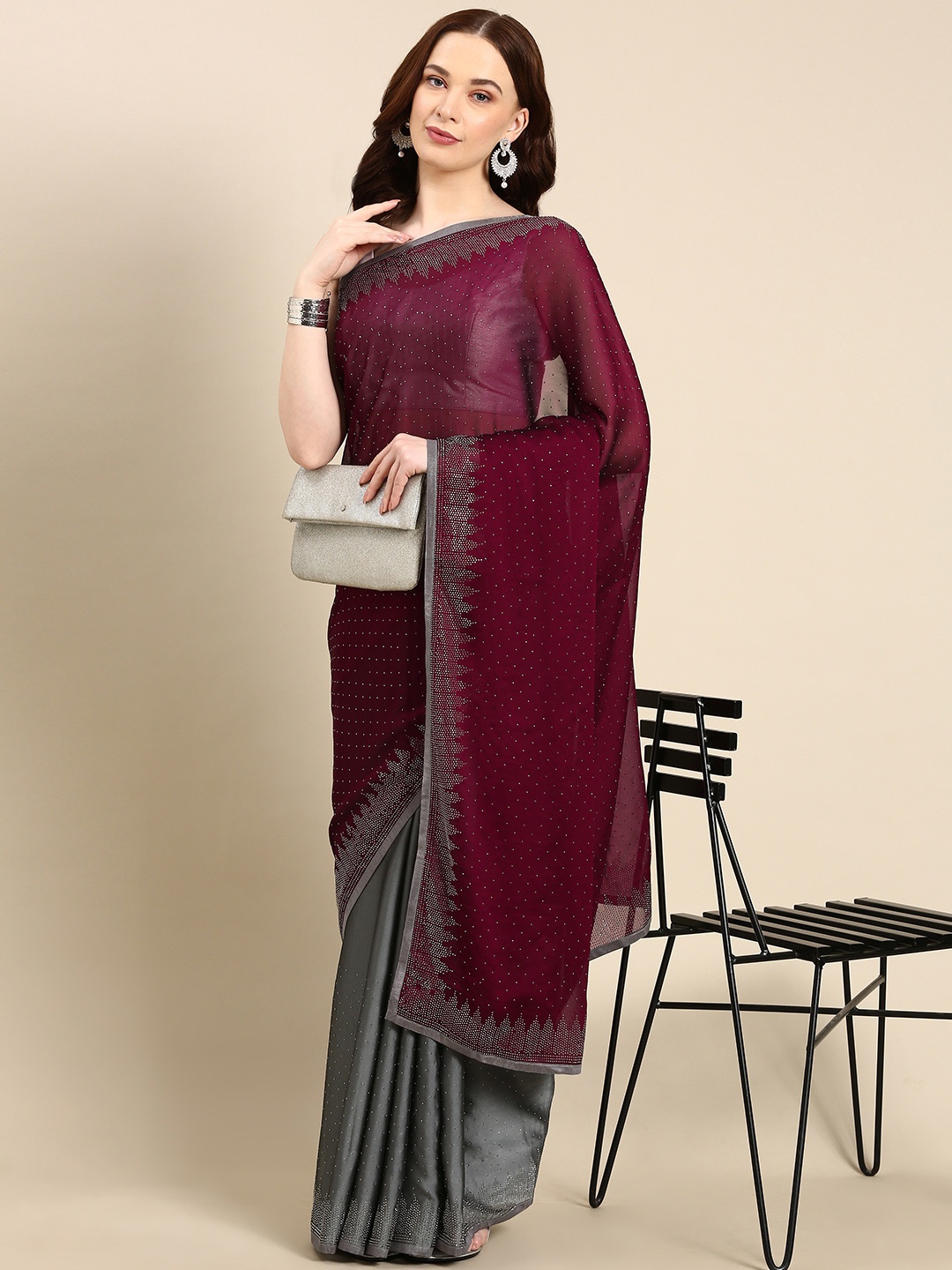 

Pothys Embellished Beads & Stones Pure Georgette Half & Half Saree, Magenta