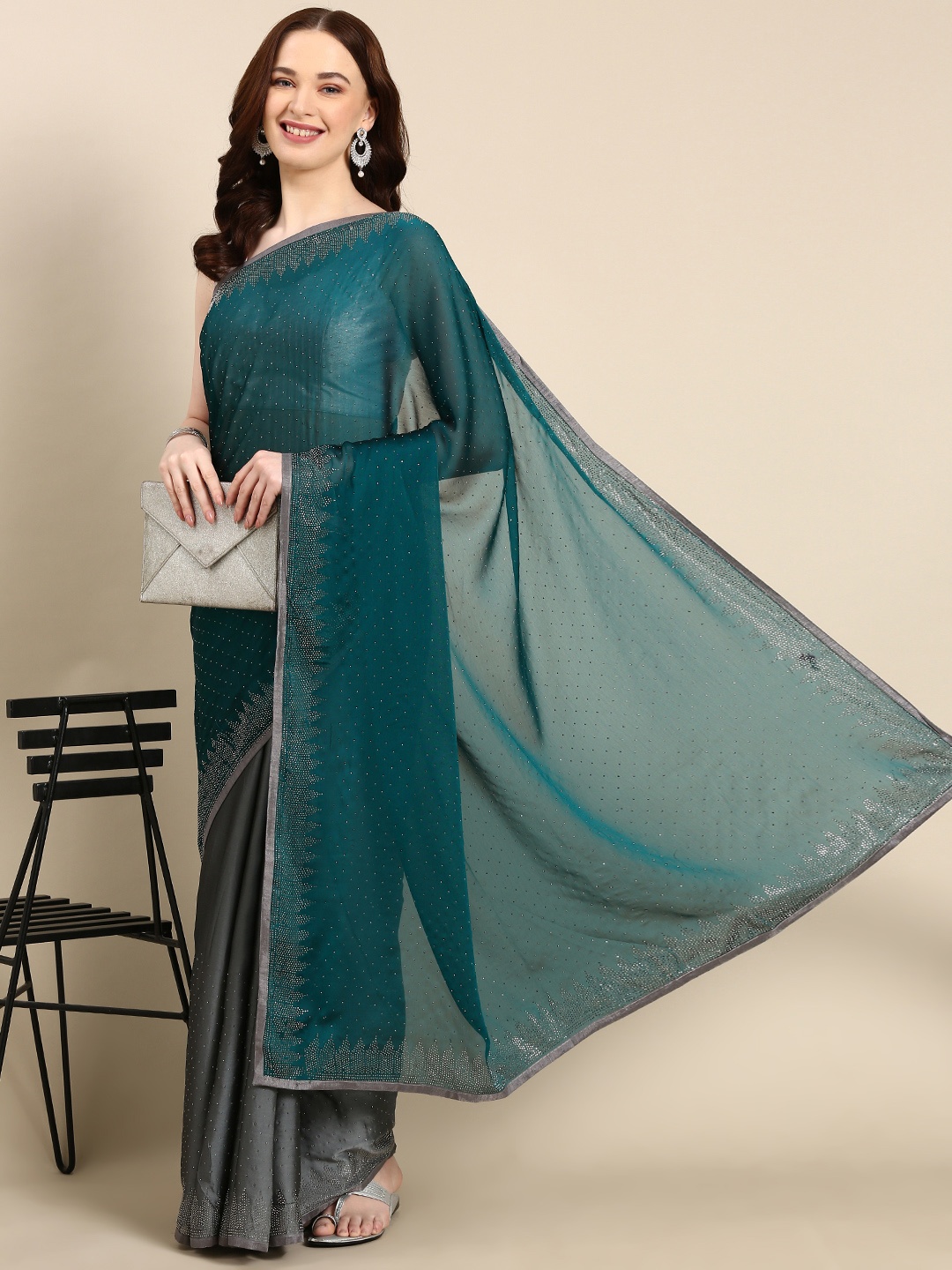 

Pothys Embellished Beads & Stones Pure Georgette Half & Half Saree, Blue