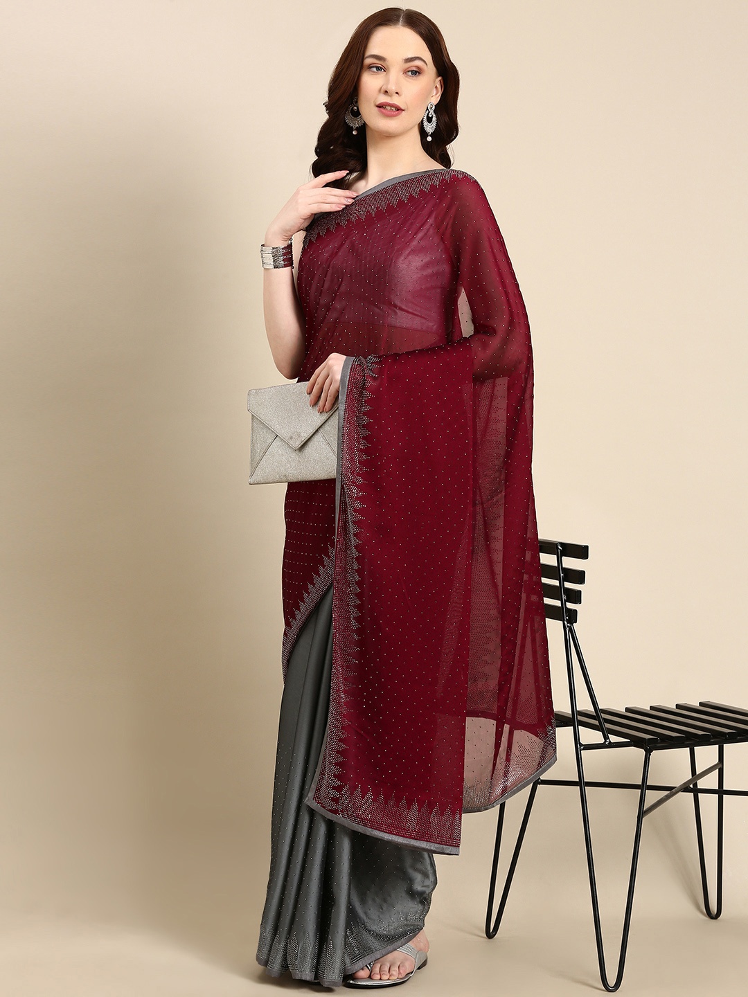 

Pothys Embellished Sequinned Pure Georgette Half and Half Saree, Maroon