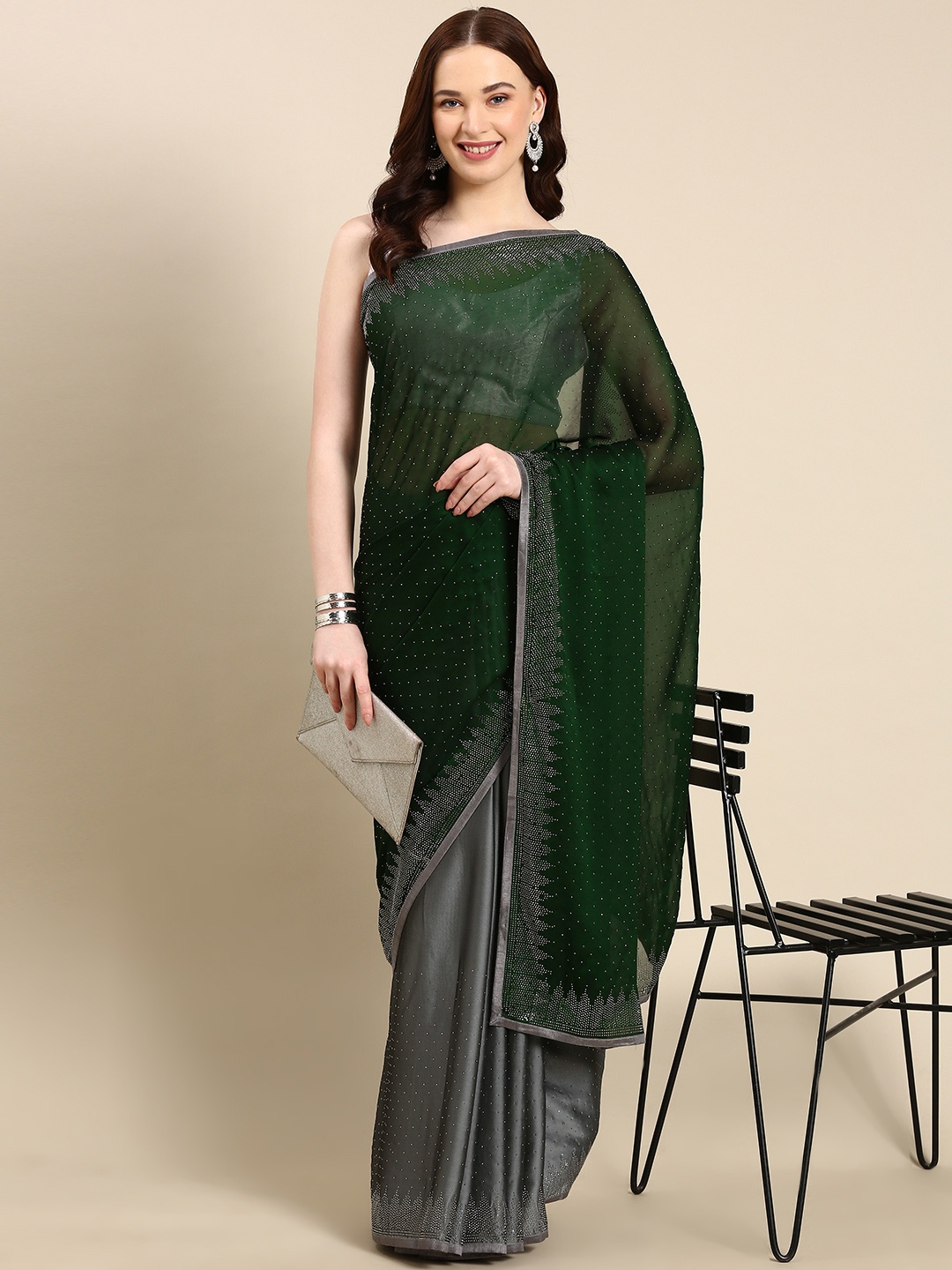 

Pothys Embellished Beads & Stones Pure Georgette Half & Half Saree, Green