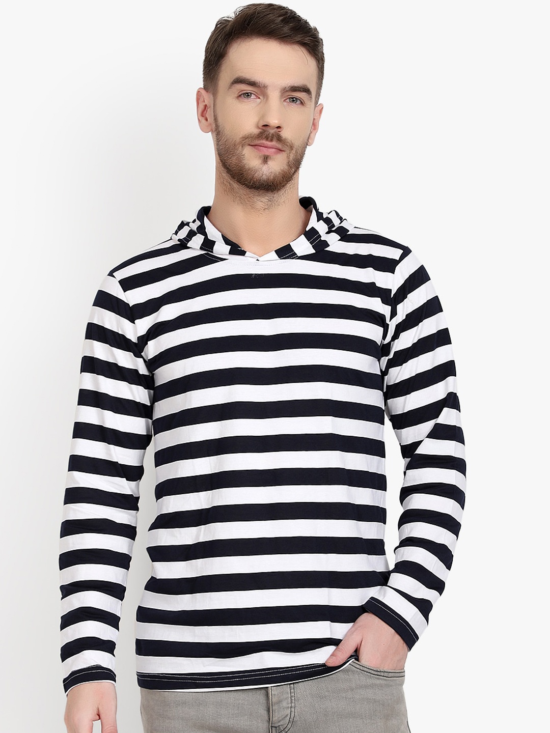 

PAUSE SPORT Striped Hooded Cotton T-shirt, White