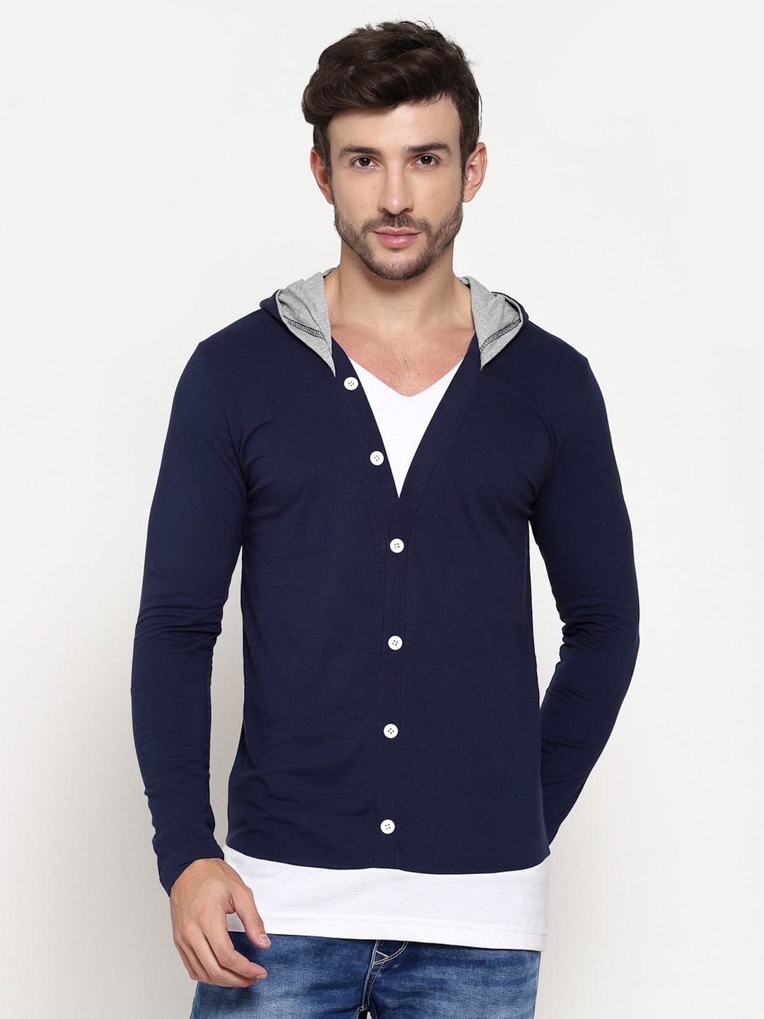 

PAUSE SPORT Hooded Neck Cotton Jacket Style T-shirt, Blue
