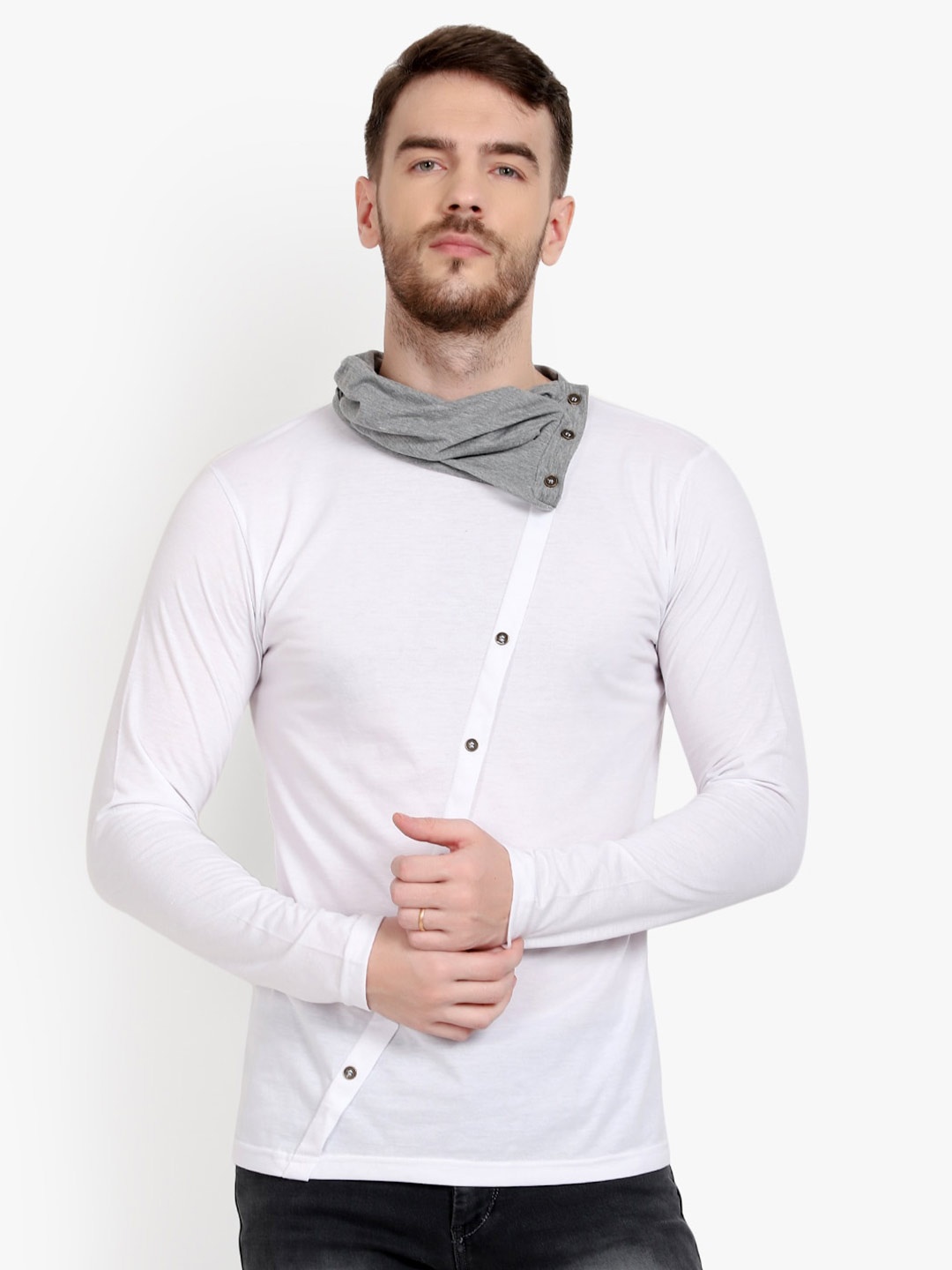 

PAUSE SPORT Irregular Side Button Turtle Neck Cotton T-shirt, White