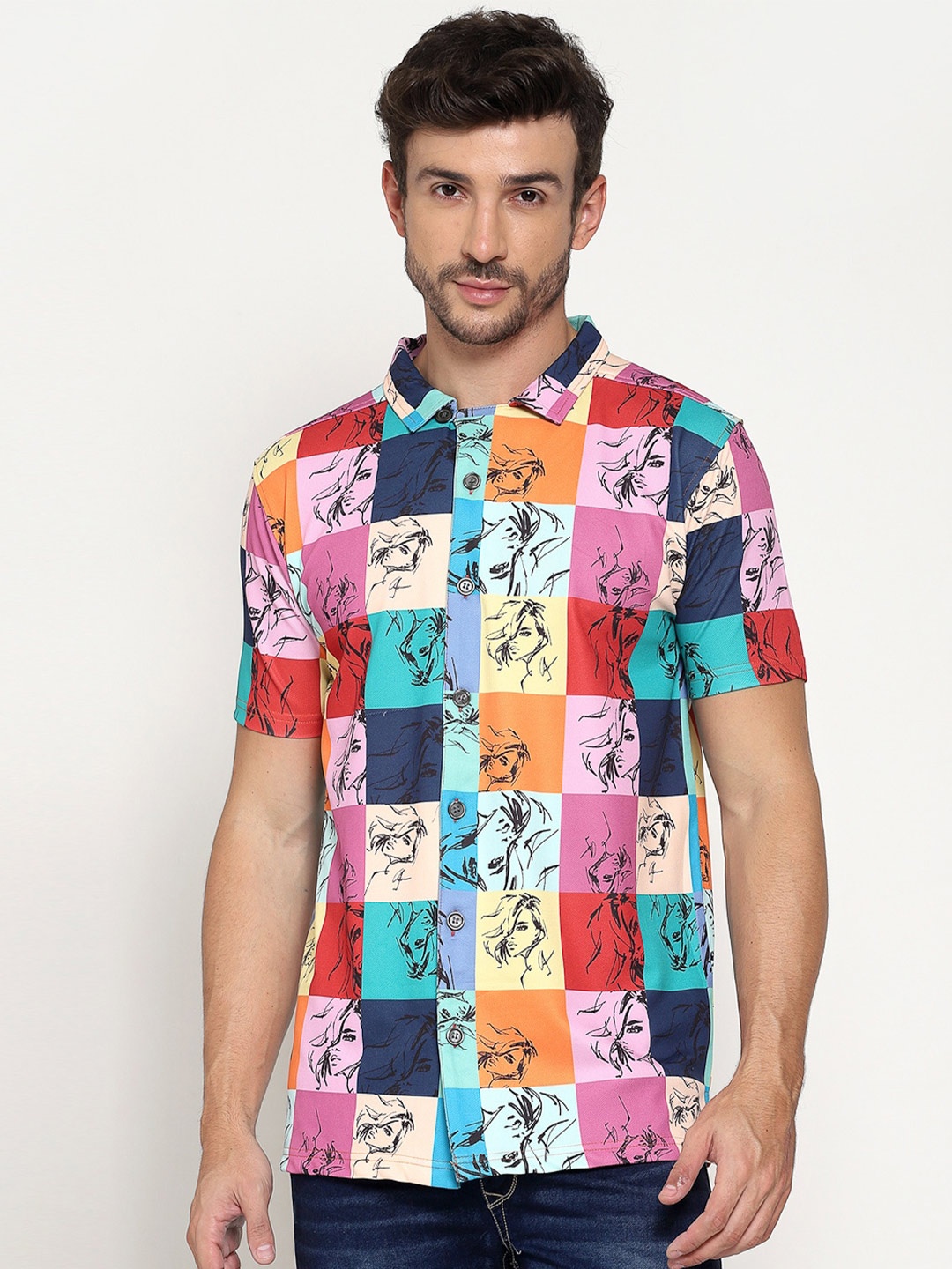 

PAUSE SPORT Checked Graphic Printed Slim Collar Cotton Shirt, Multi