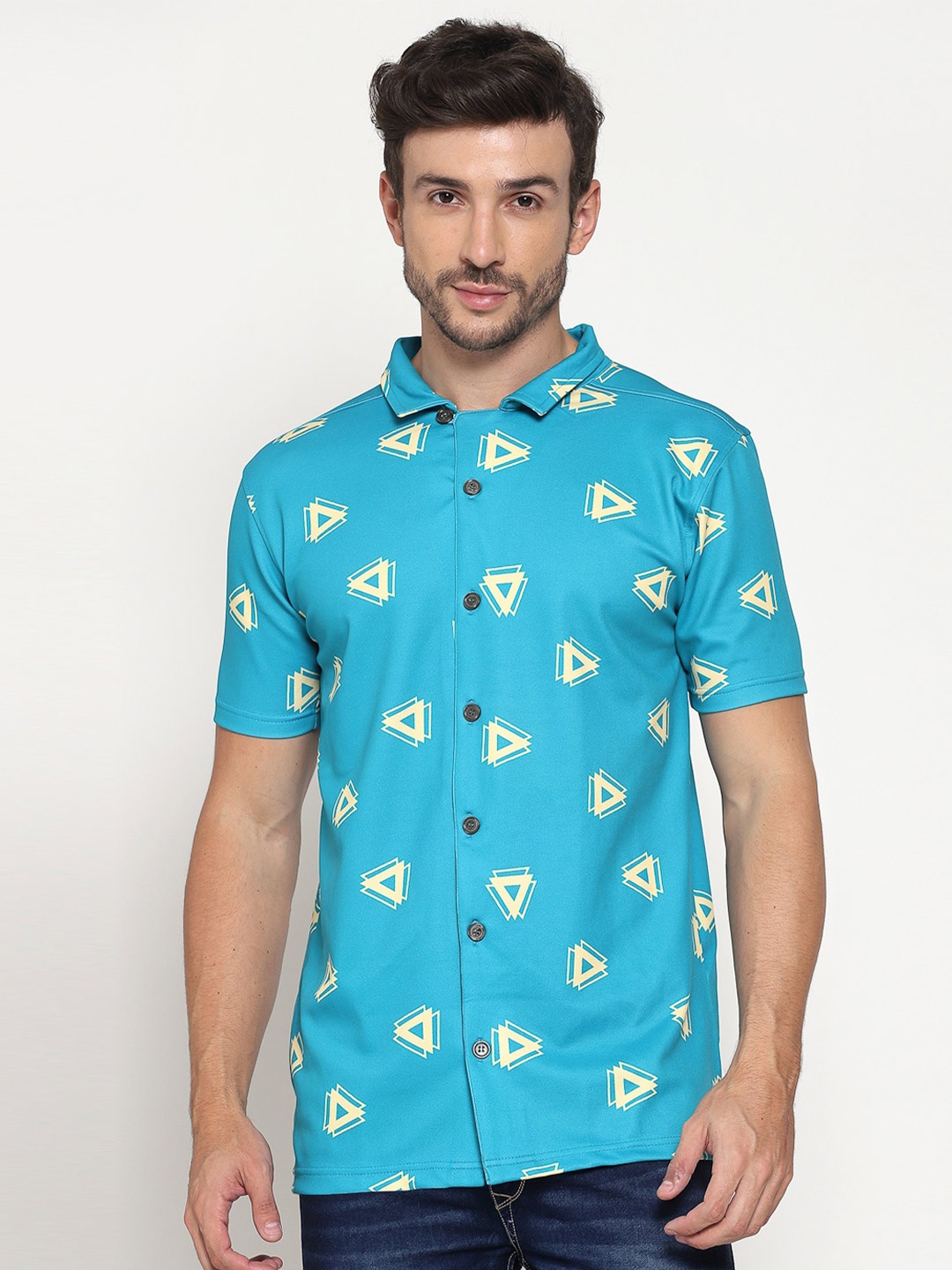 

PAUSE SPORT Geometric Printed Slim Collar Cotton Shirt, Blue
