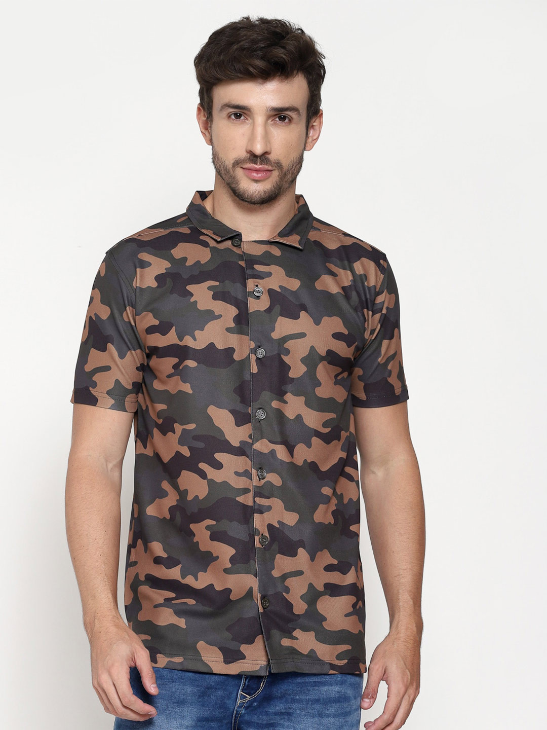 

PAUSE SPORT Camouflage Printed Slim Collar Cotton Shirt, Olive