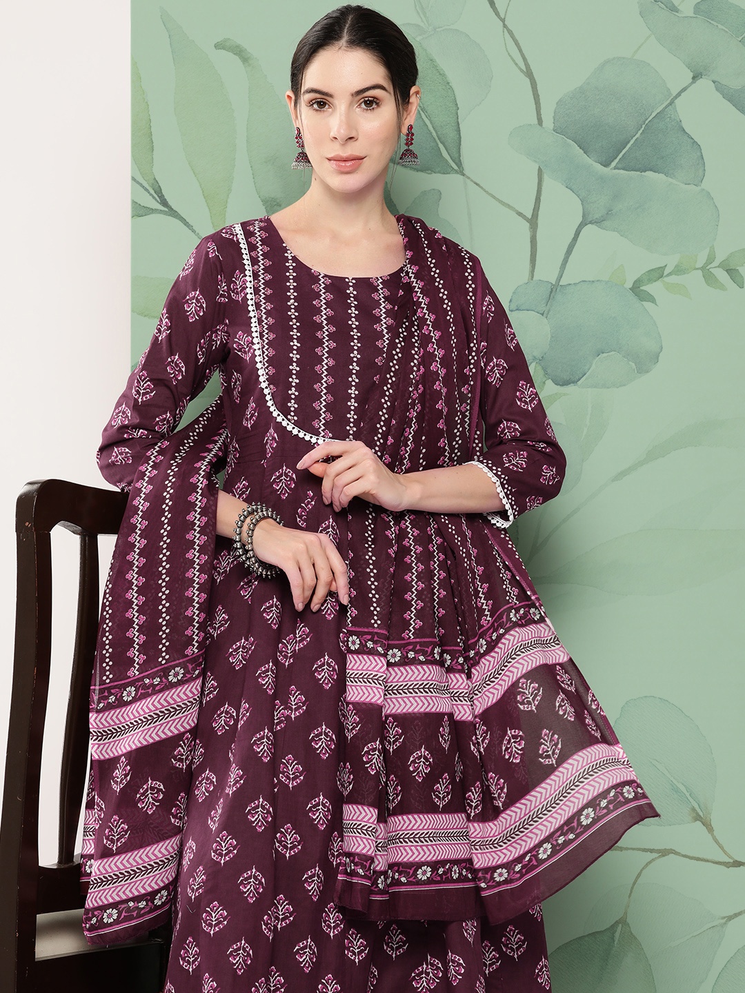 

Yufta Floral Printed Pure Cotton Kurta with Trousers & With Dupatta, Burgundy