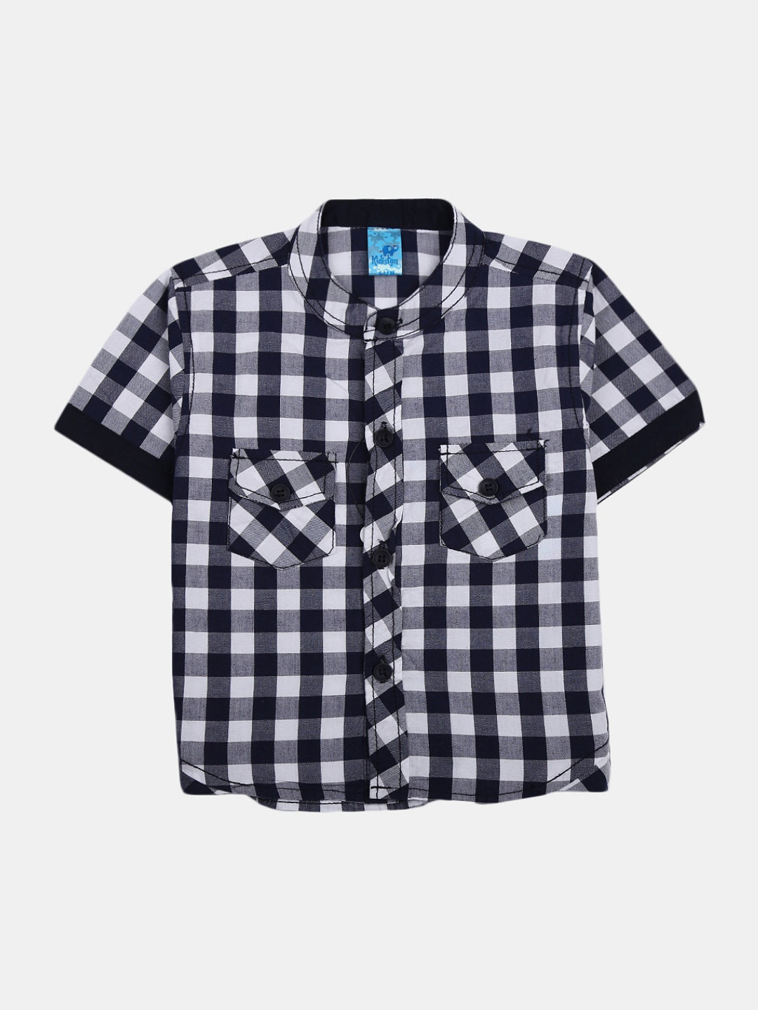 

V-Mart Infant Kids Classic Mandarin Collar Gingham Checked Cotton Shirt With T-Shirt, Navy blue
