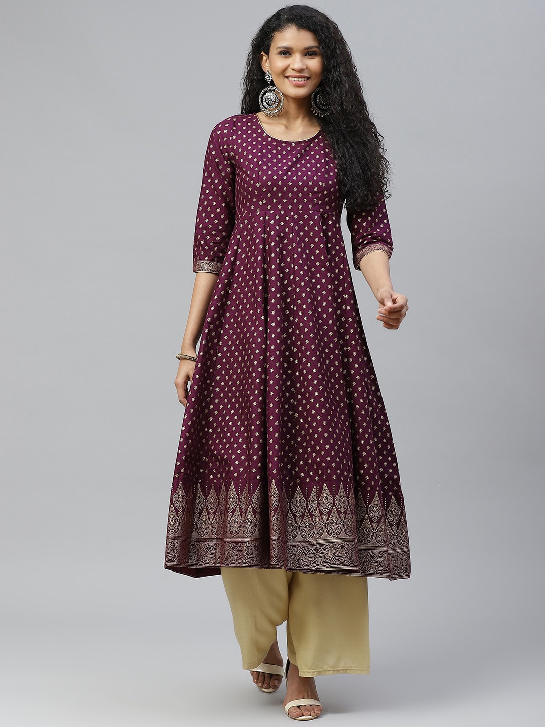 

Poshak Hub Ethnic Motifs Printed Panelled Cotton Anarkali Kurta, Purple
