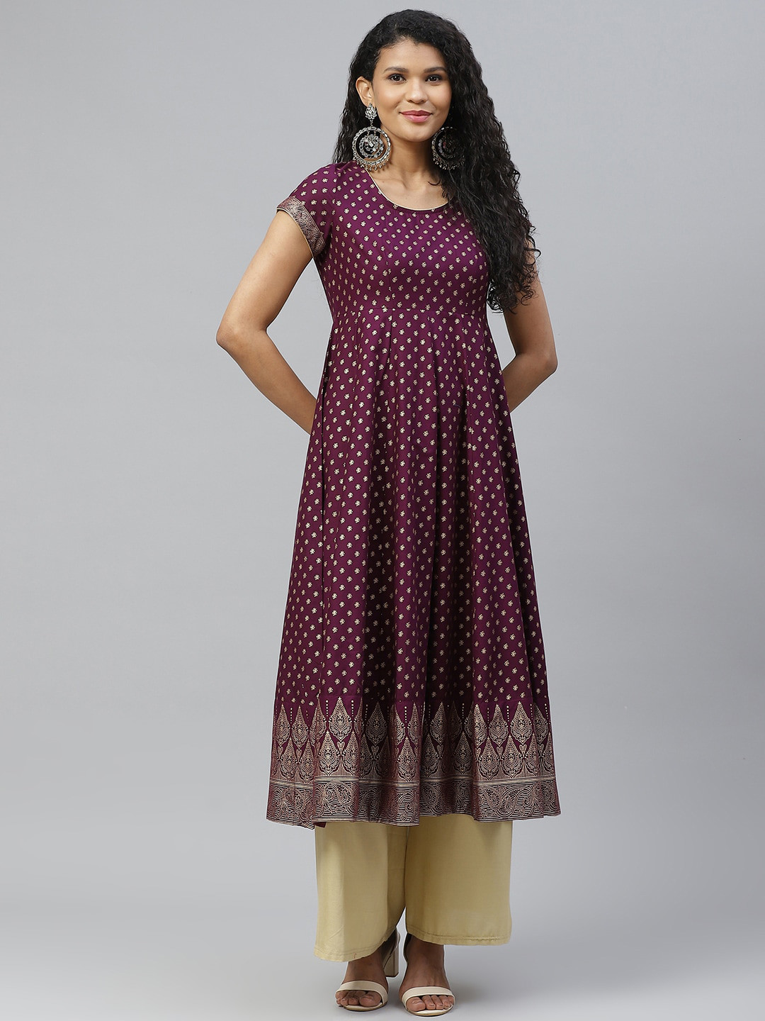 

Poshak Hub Ethnic Motifs Printed Panelled Cotton Anarkali Kurta, Purple