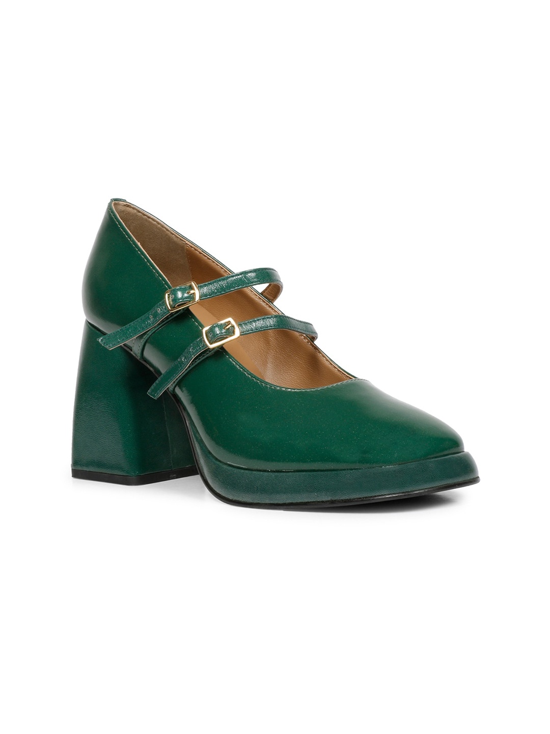 

Saint G Leather Block Heels Pumps with Buckles, Green