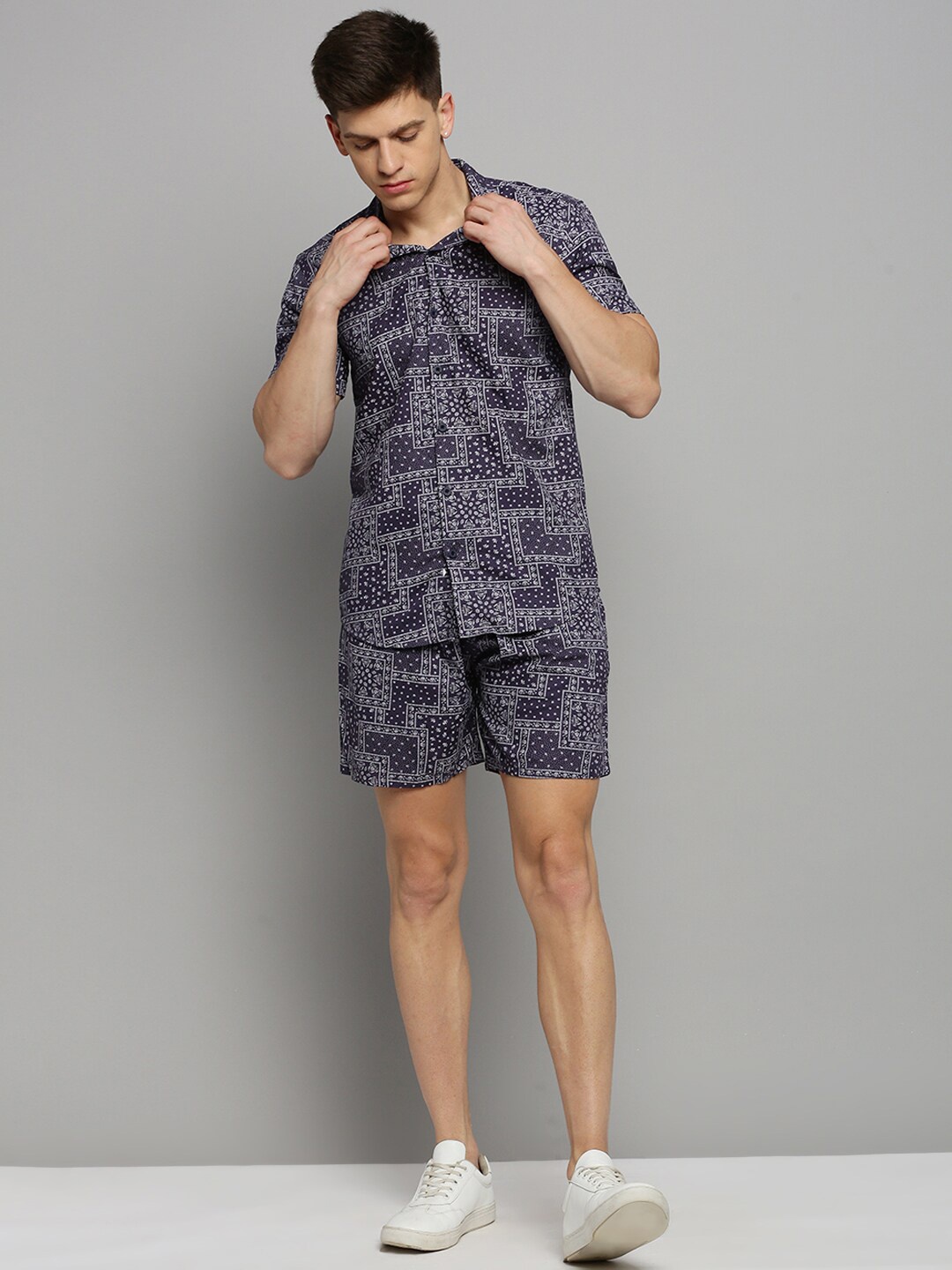 

SHOWOFF Ethnic Motifs Printed Shirt Collar Co-Ords, Navy blue