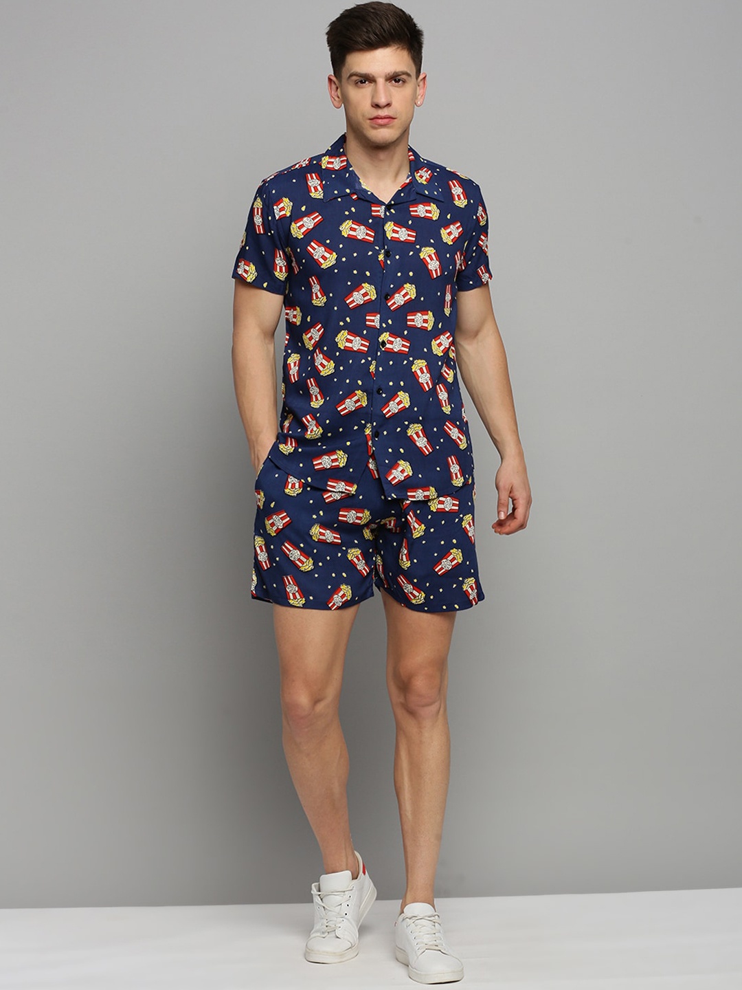 

SHOWOFF Men Printed Short Sleeves Shirt and Shorts Co-Ord Set, Navy blue