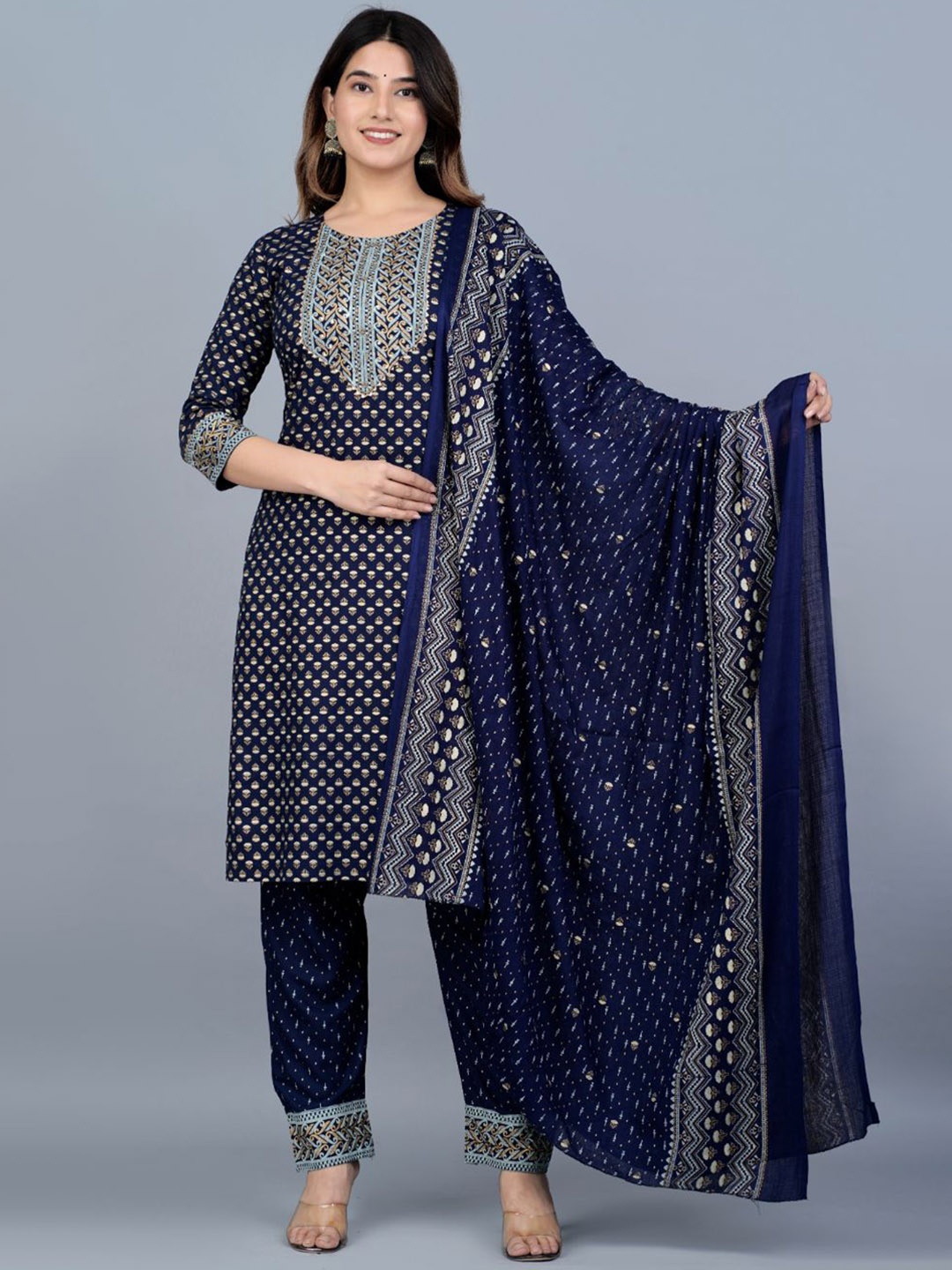 

FABISTA Ethnic Motifs Printed Kurta With Trousers & Dupatta, Navy blue