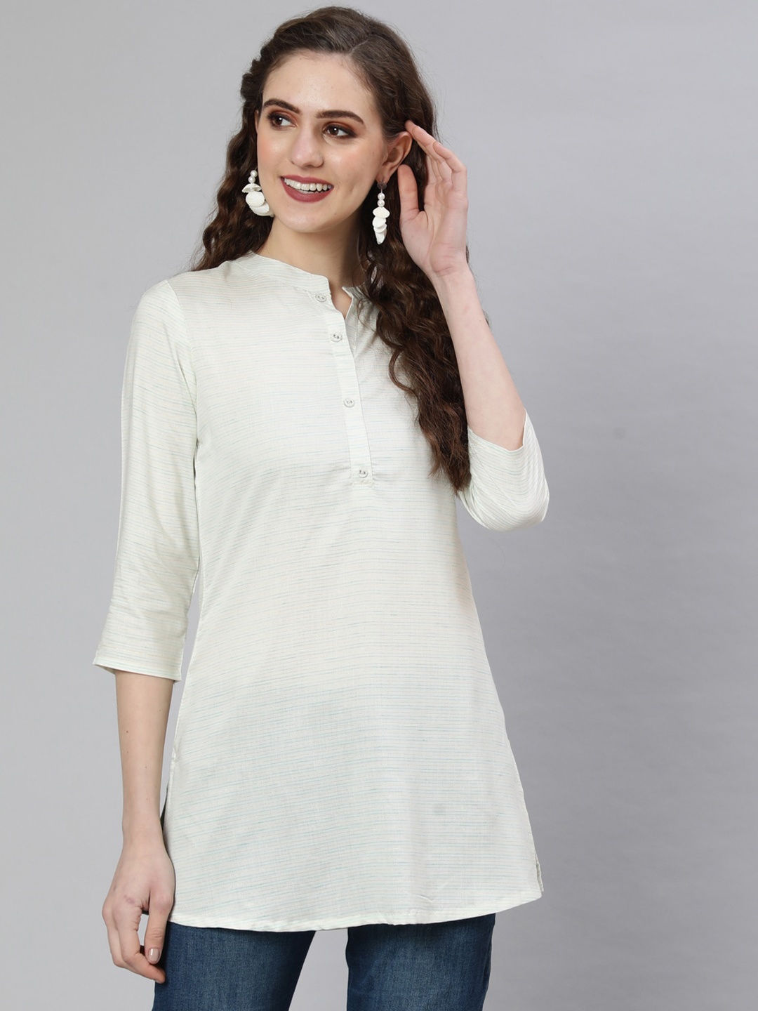 

Nayo Striped Mandarin Collar Cotton Straight Kurta, Off white