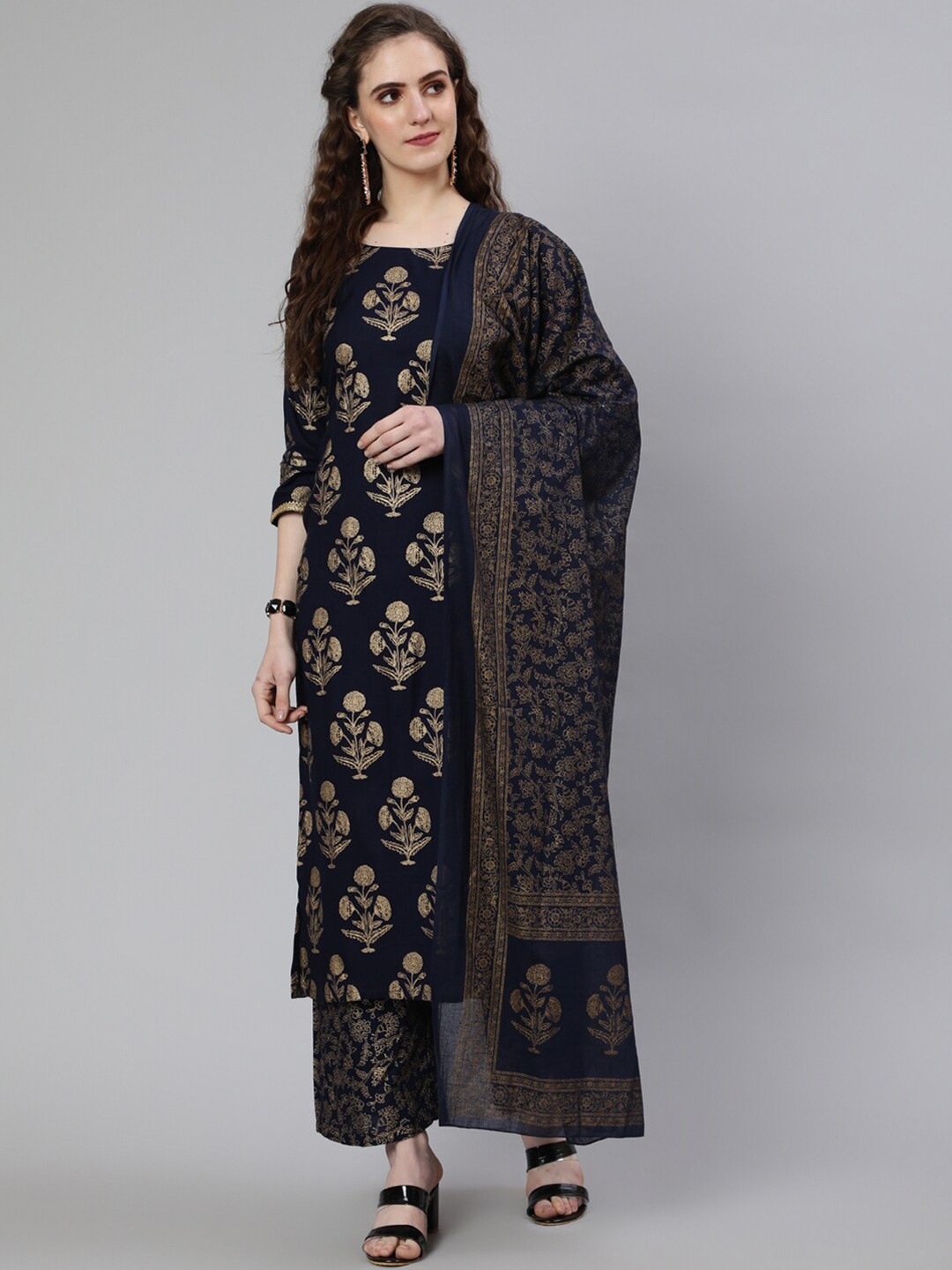 

Nayo Floral Printed Pure Cotton Kurta with Palazzos & Dupatta, Navy blue
