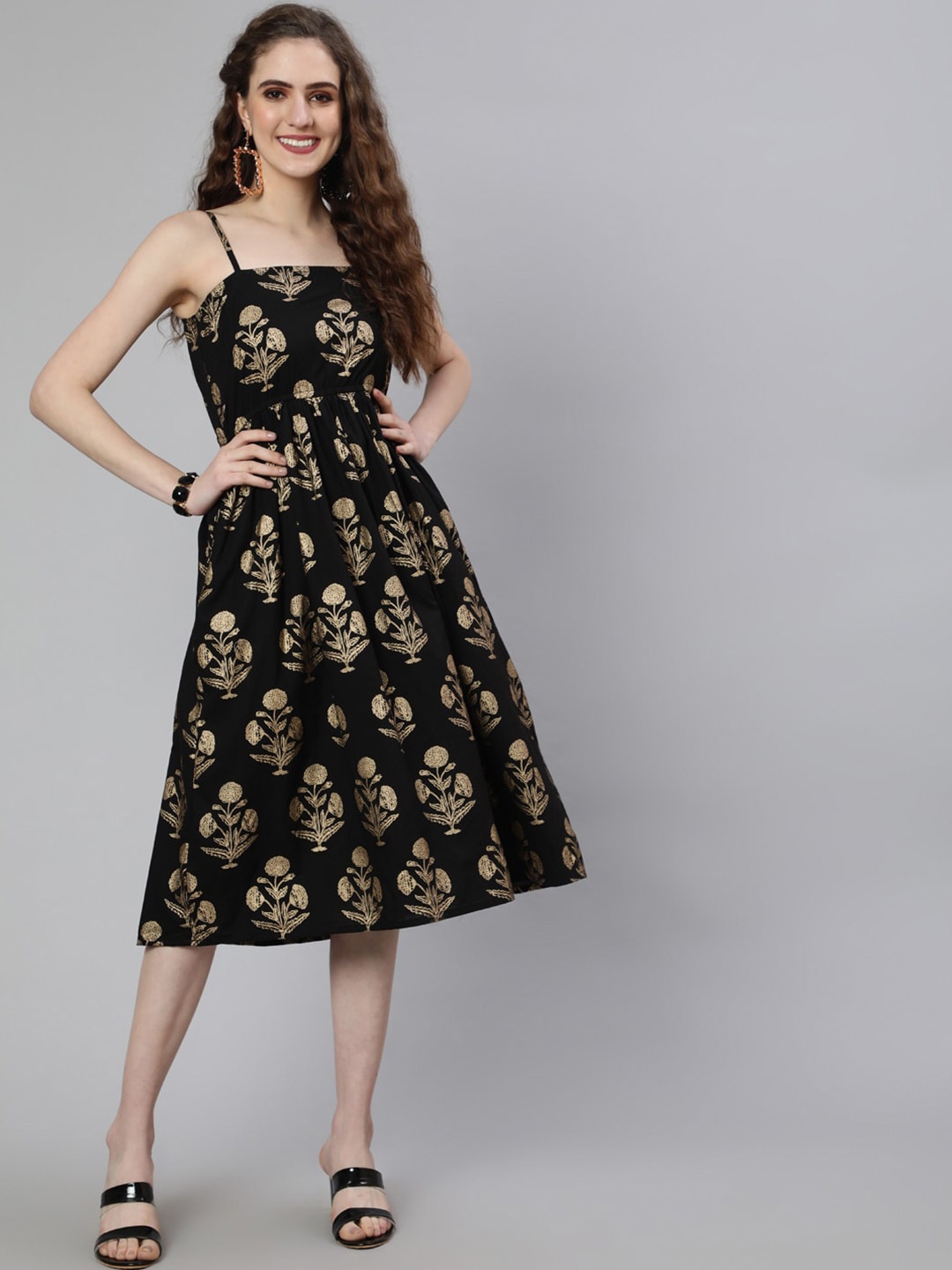 

Nayo Printed Shoulder Strap Ethnic Dress, Black
